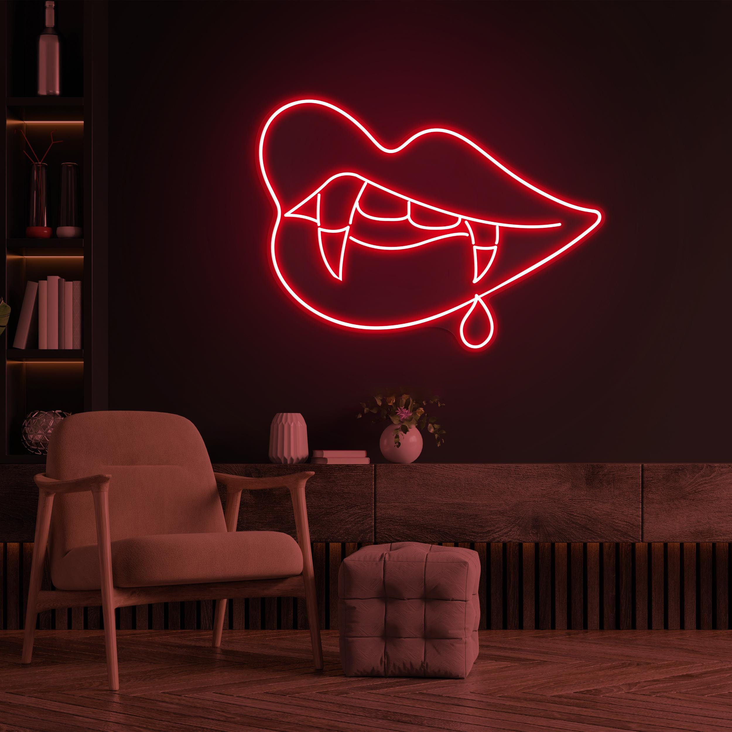 Vampire Lips Neon Sign, Vampire Lips LED Light, Vampire Teeth LED Neon Art, Goth Wall Art Sign, Lips Art, Decor for Horror Room & Game Room