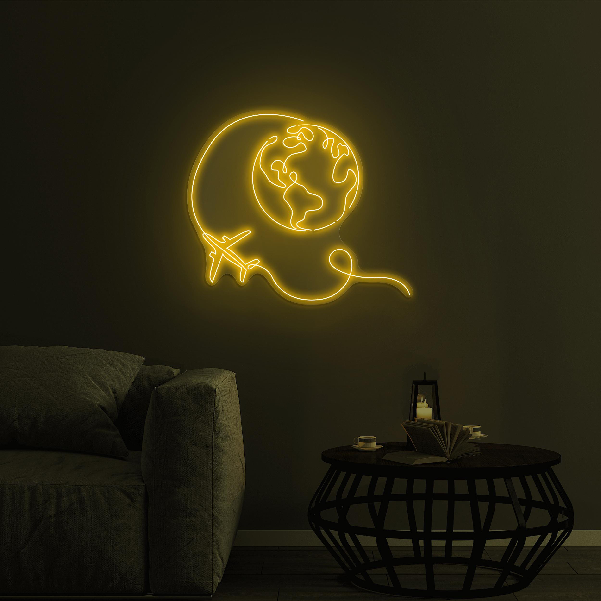 Earth and Airplane Neon Sign, Travel World LED Light, Earth and Airplane LED Art, Home Wall Decor, Travel Agency Wall Decor, Airplane Sign
