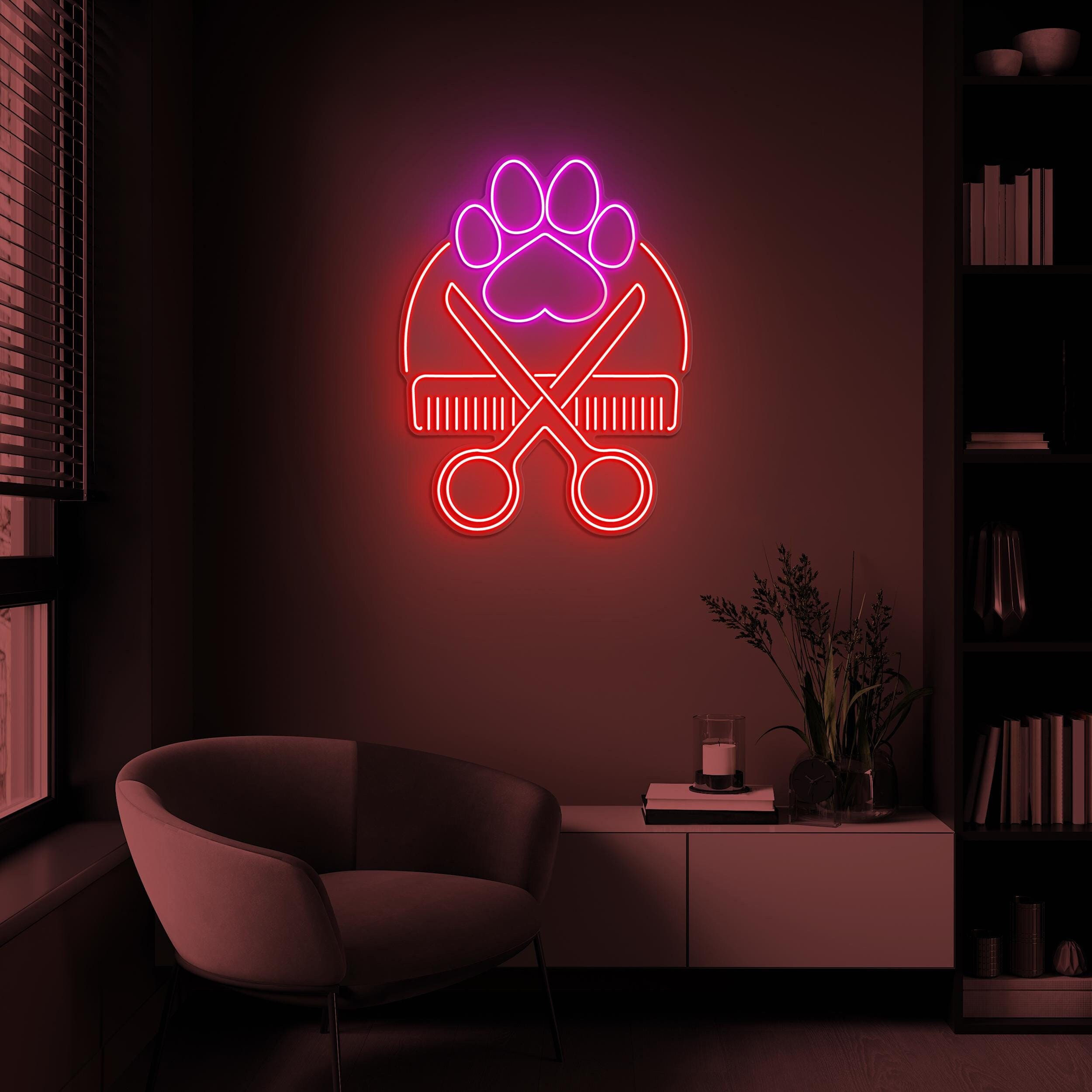 Paw with Scissors Neon Sign, Paw Print with Scissors LED Light, Dog Cat Pet Service Decor, Pet Shop Wall Decor, Paw Neon Art, Pet Salon Art