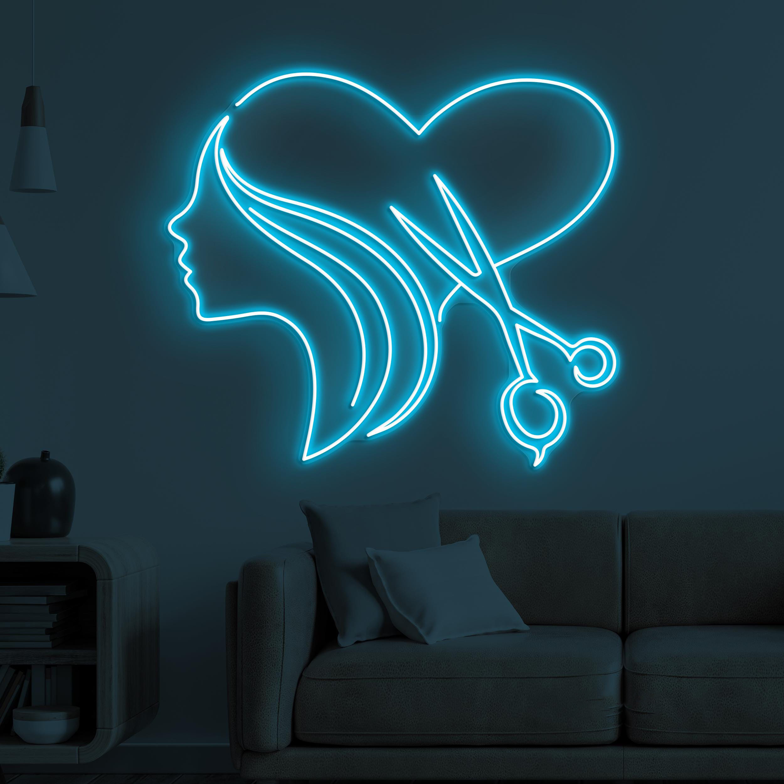 Heart Hair Neon Sign, Heart Haircut LED Light, Woman With Heart Wall Decor, Woman Heart Wall Art, Barber Shop Neon Light, Love Salon Art