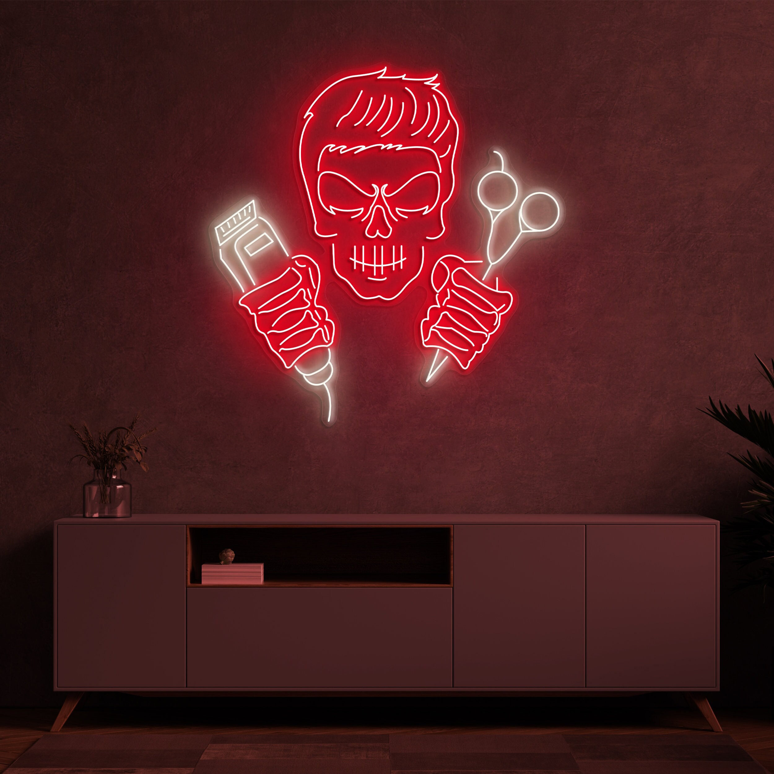 Skull Barber Neon Light, Clippers and Scissors Sign, Neon Sign for Salon Decor, Skull Head LED Light Sign, Led Decor For Hair Salon and Shop