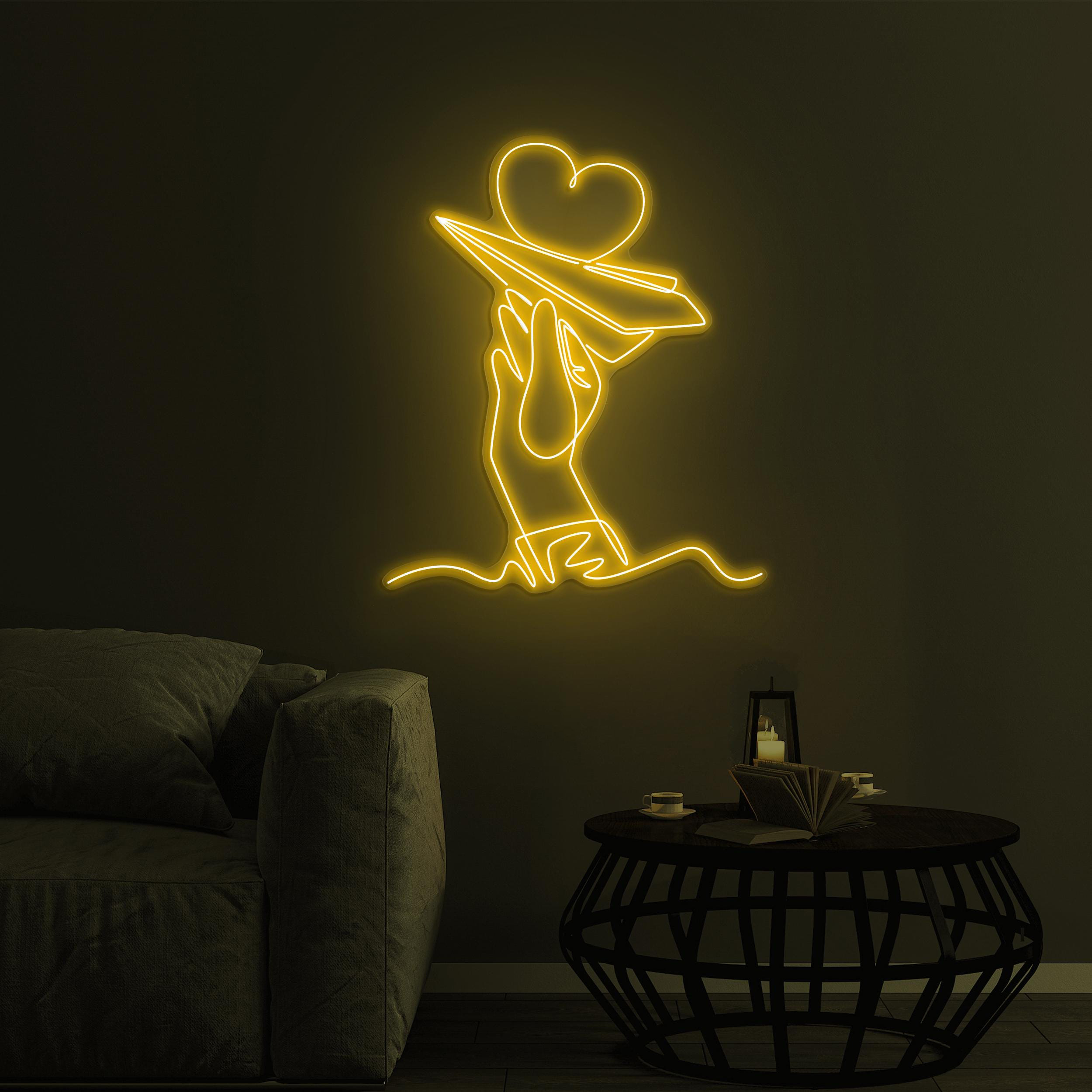 Hand and Paper Plane Neon Sign, Flying Heart LED Light, Hand and Paper Plane LED Neon Art, Home Wall Decor, Airport Wall Art, Custom Sign
