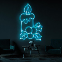 Candle Neon Sign, Christmas Candle LED Light, Berries and Leaves Neon Art, Festive Candle Wall Decor, Decor for Home, Weddings, & Party
