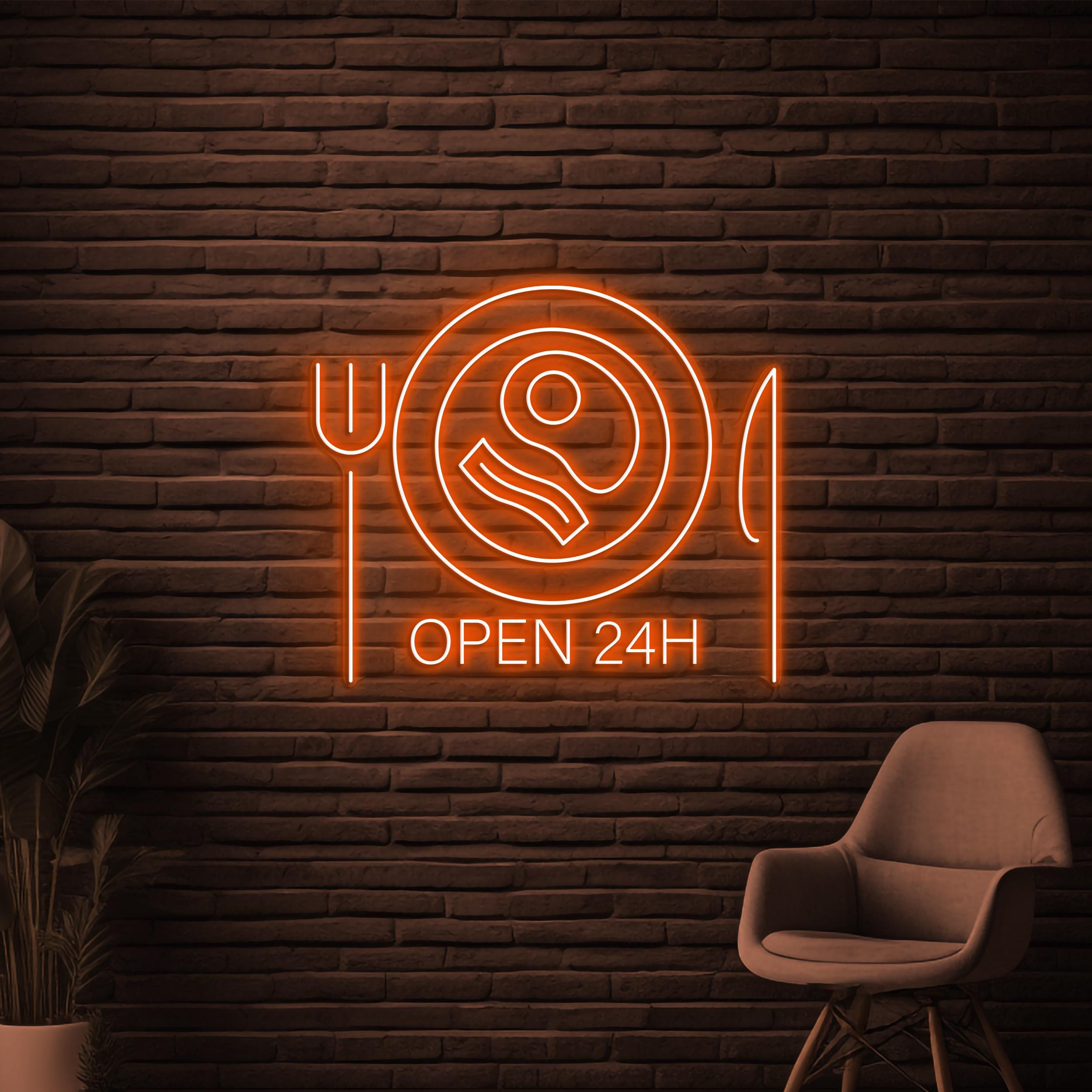Open 24 Neon Sign, Hours 24 LED Light, Restaurant Wall Decor, Food Shop Wall Art, Business Neon Sign, Bar Club Decor, Forks & Knives Light