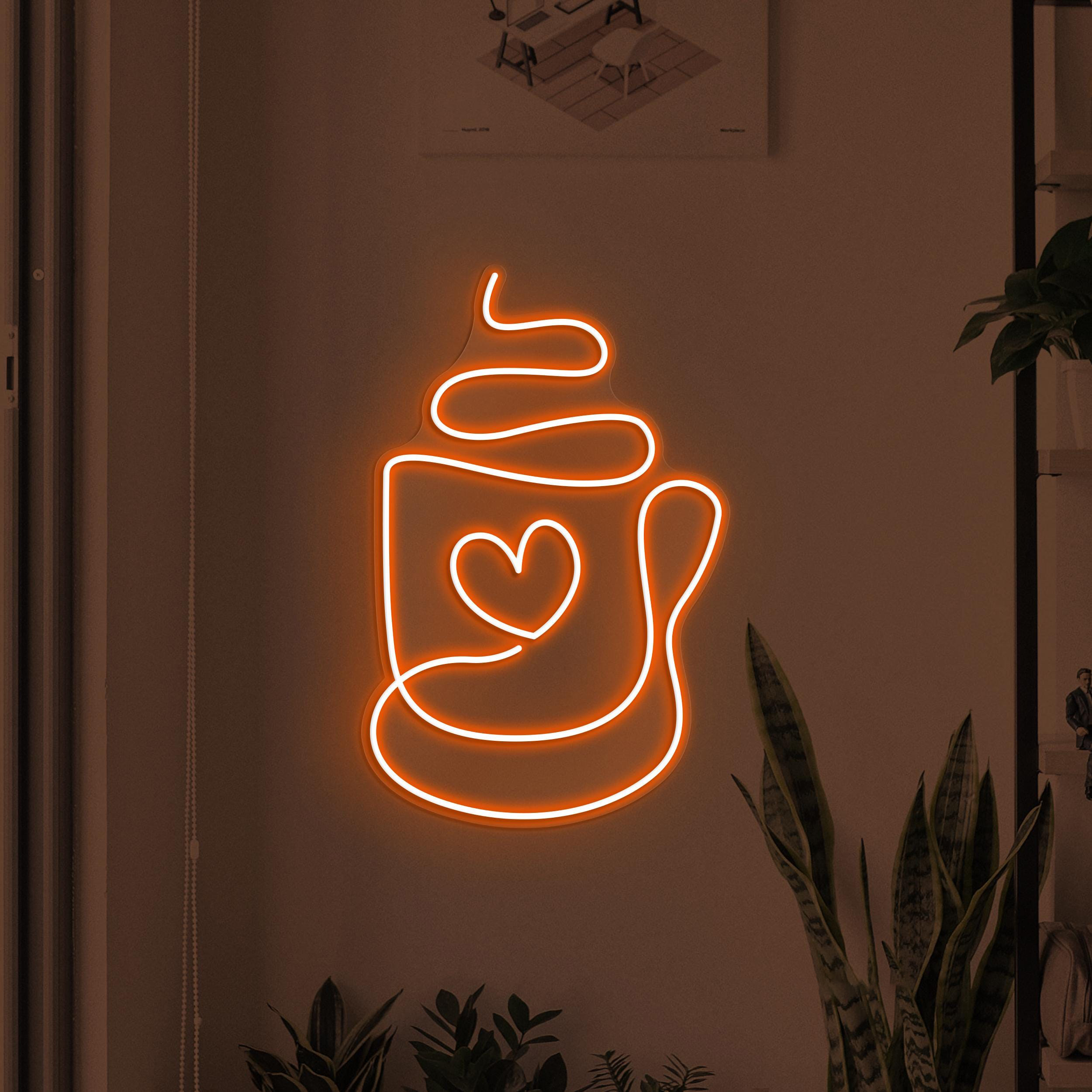 Coffee Heart Cup Neon Sign, Coffee Love LED Light, Coffee Shop Wall Decor, Coffee Cup Logo, Store, Bar, Cafe & Home Decor, Couple Neon Sign