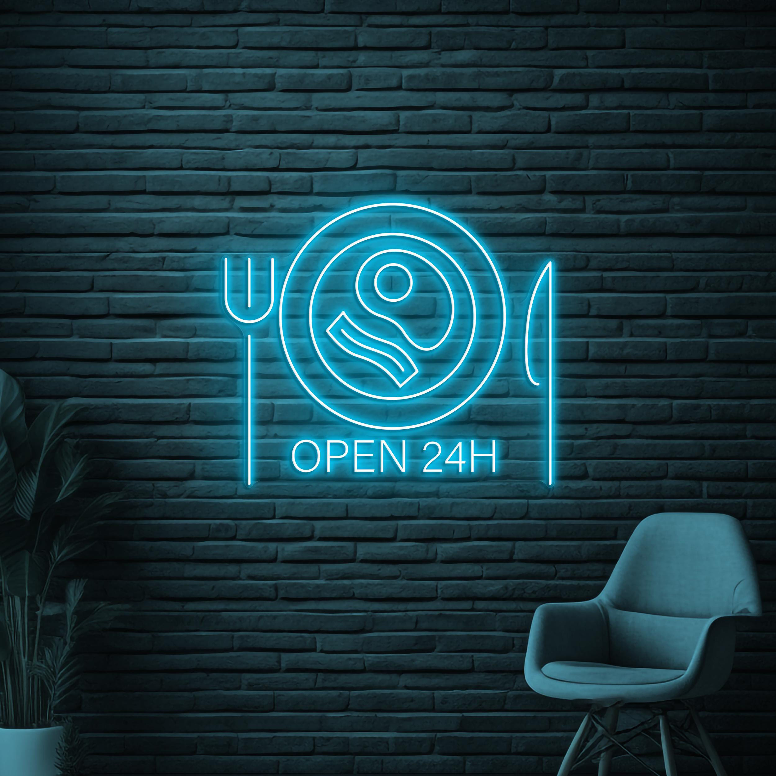 Open 24 Neon Sign, Hours 24 LED Light, Restaurant Wall Decor, Food Shop Wall Art, Business Neon Sign, Bar Club Decor, Forks & Knives Light