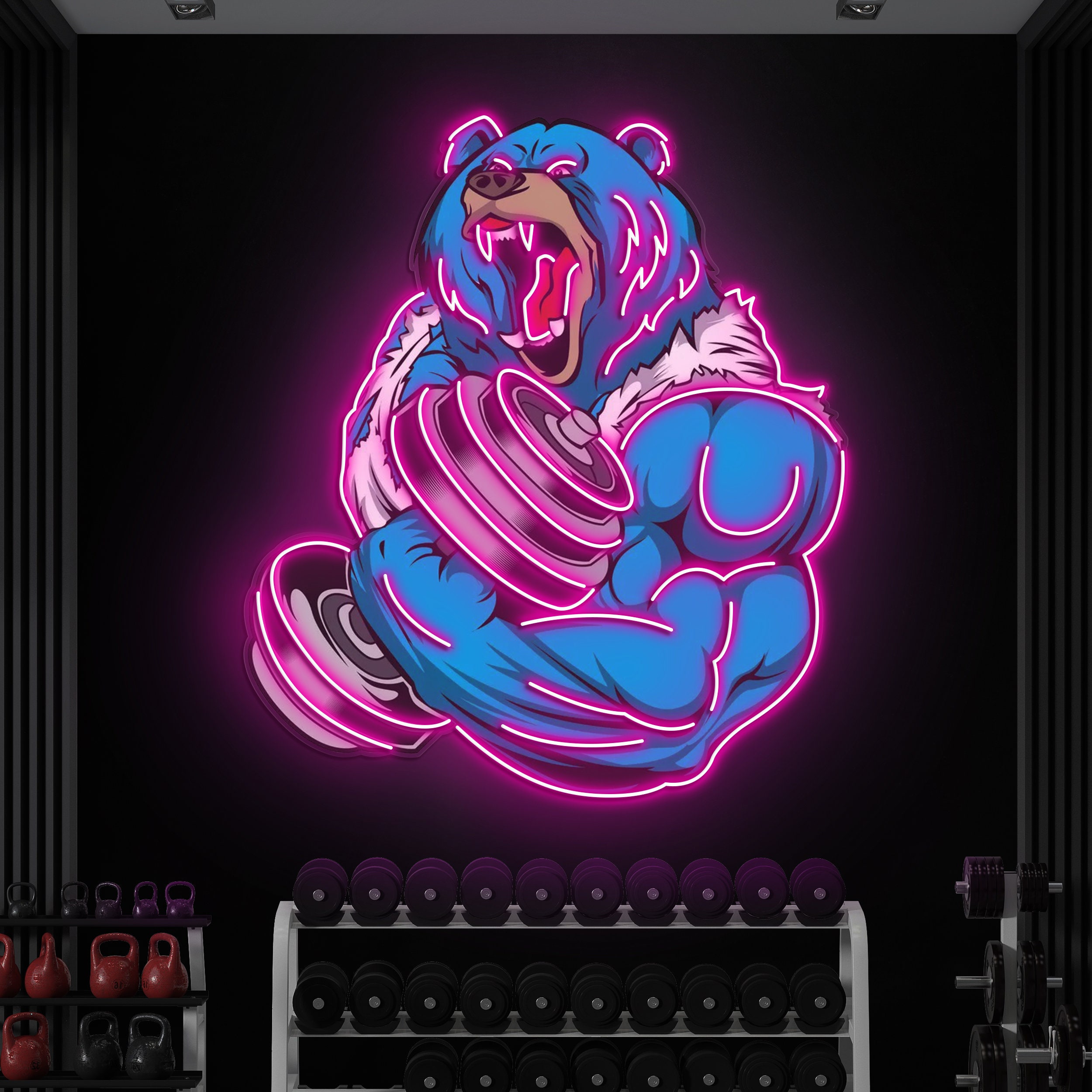 Bear Strong Dumbbell Neon Light, Angry Bear Neon Sign, Bear Neon Pop Art, Motivational Gym Decor for Man Cave, Neon Sign for Animal Lovers