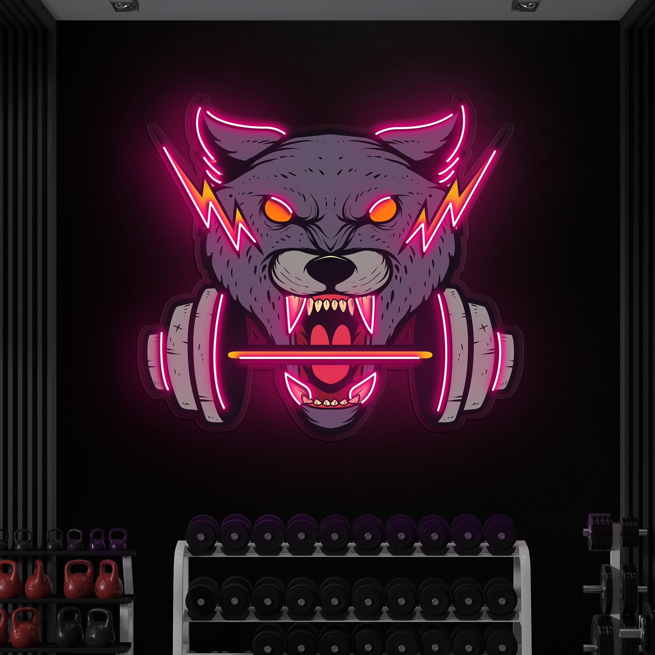 Wolf and Dumbbell Neon Light, Roaring Wolf Neon Sign, Gym and Fitness Decor, LED Gym Decor for Game Rooms, Man Caves, Bars, Wolf Wall Art