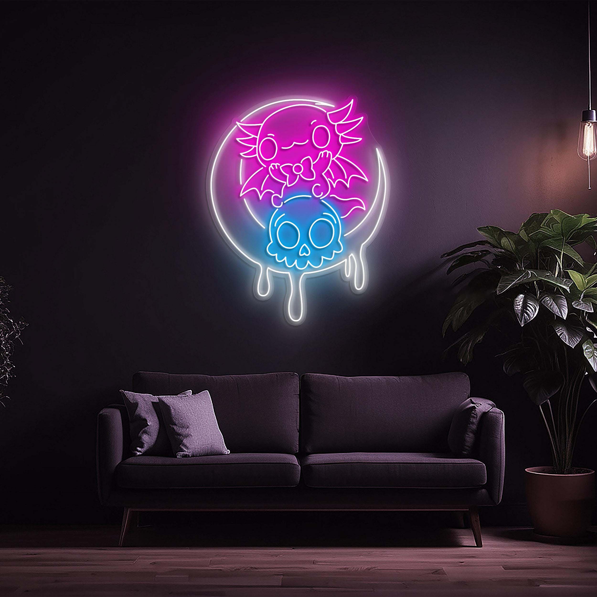 Moon Dipping Neon Sign, Cute Cat and Skull Led Neon Light, Kitty on Moon Sign, Cat Moon Light for Room, Party, Game Room Decor, Led Wall Art