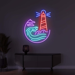 Lighthouse Neon Sign, Lighthouse LED Light, Lighthouse Wall Decor, Sea Wave Wall Art, Custom Neon Sign, Home Wall Decor, Game Room Wall Art