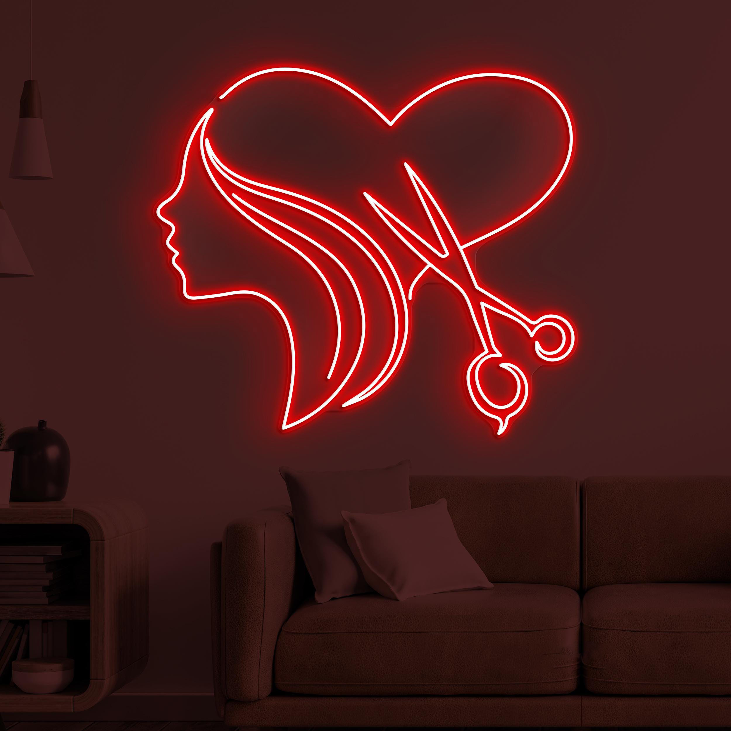 Heart Hair Neon Sign, Heart Haircut LED Light, Woman With Heart Wall Decor, Woman Heart Wall Art, Barber Shop Neon Light, Love Salon Art