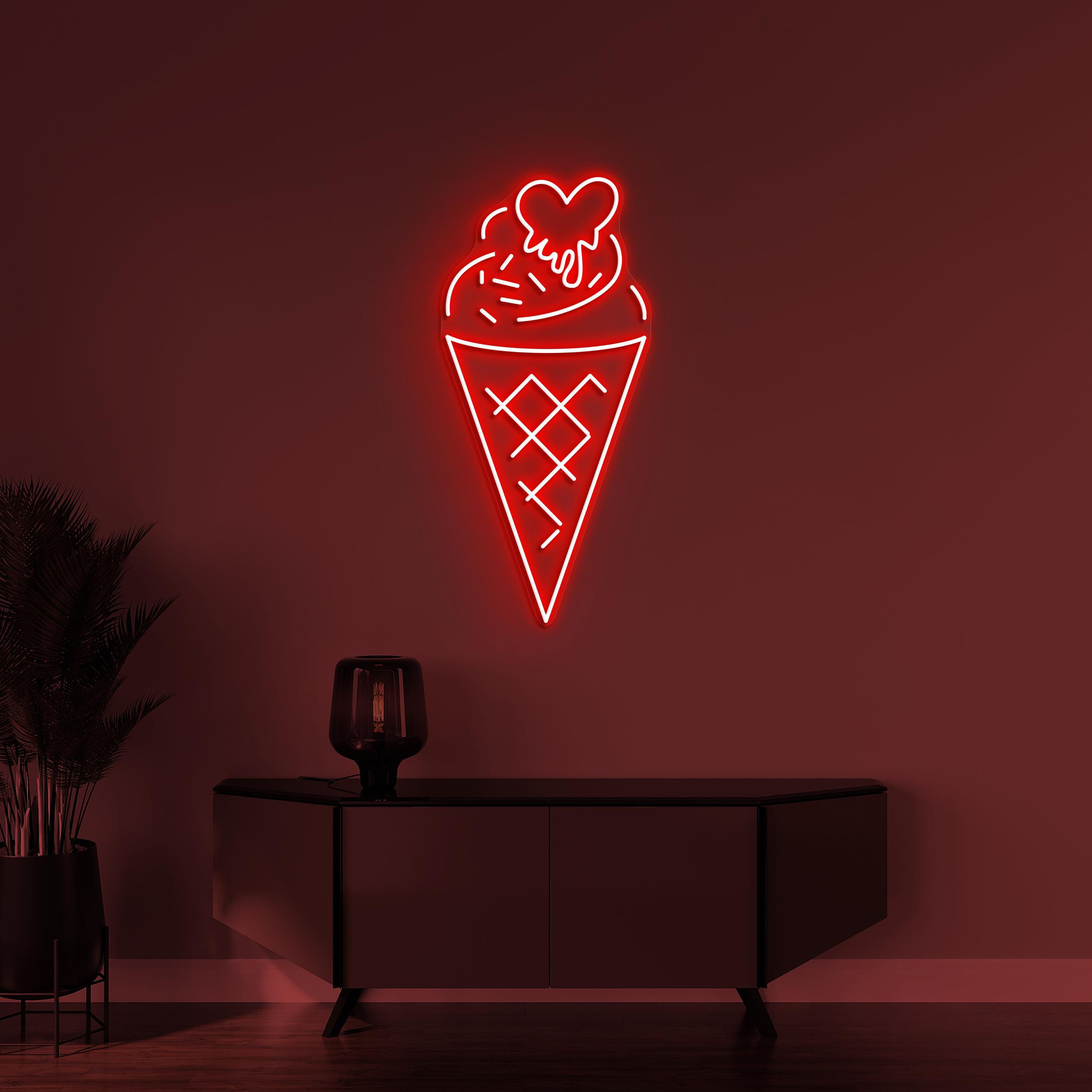 Cone Ice Cream Neon Sign, Cone Ice Cream LED Light, Ice Cream With Melting Heart Wall Art, Ice Cream Spot Wall Decor, Cafe and Bar Light