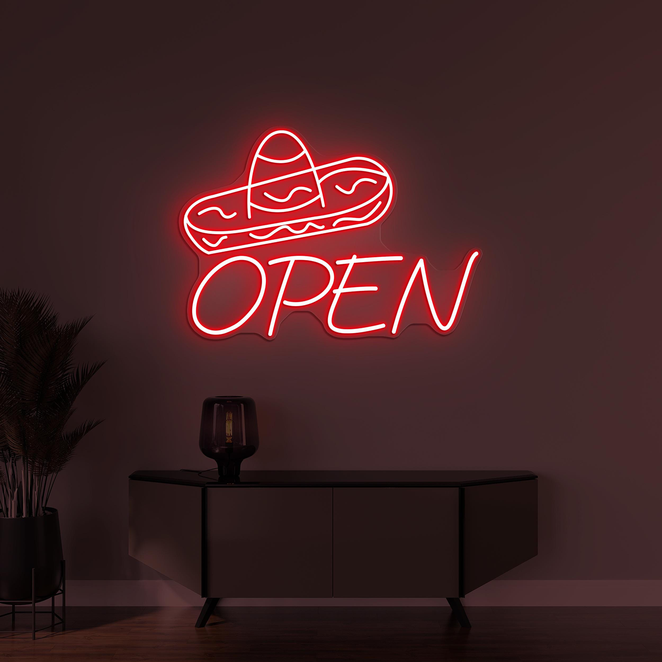 Sombrero hat Open Neon Sign, Mexican Hat LED Light, Custom Neon Sign, Restaurants Wall Decor, Open Shop Wall Art, Business Logo Wall Sign