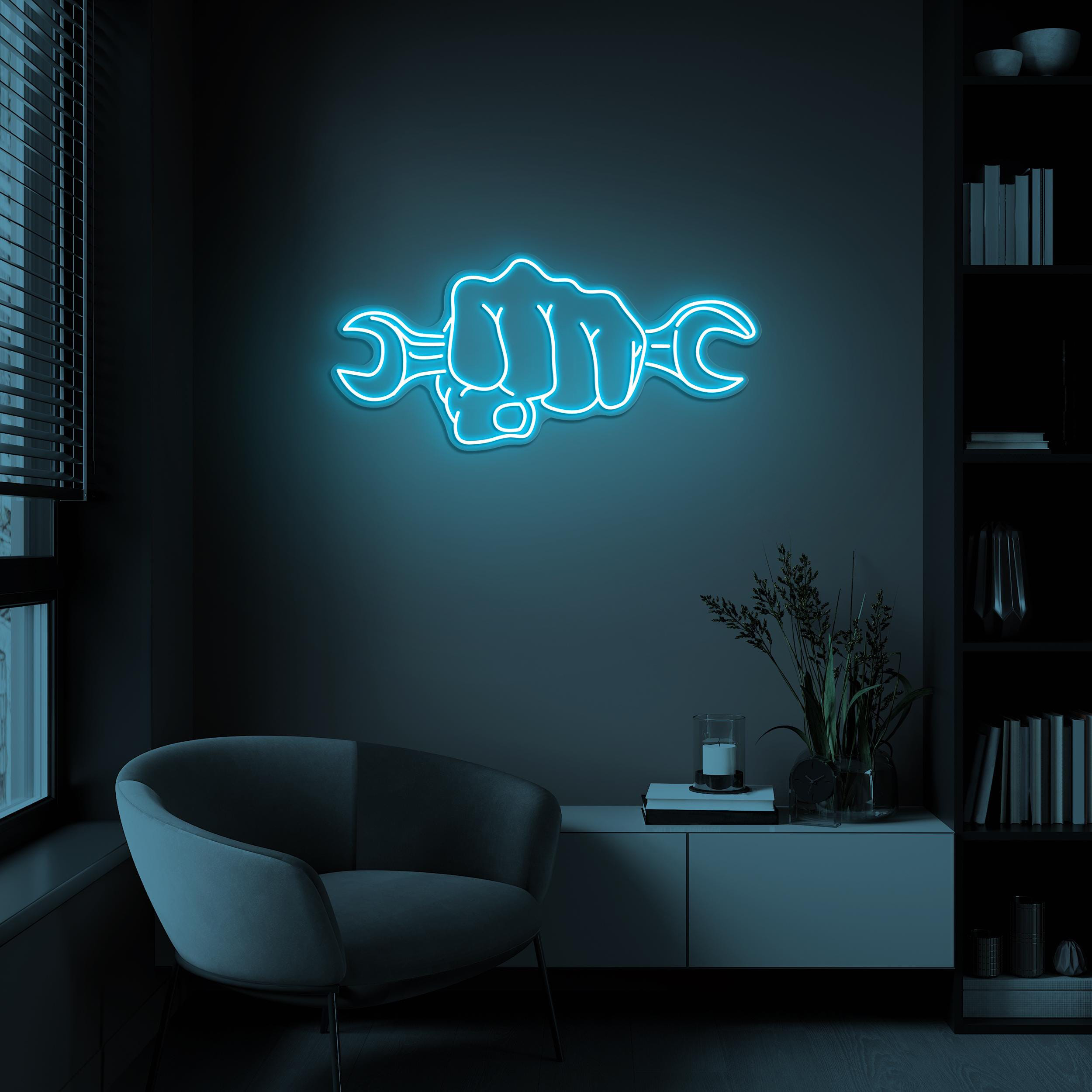 Fist Holding Wrench Neon Sign, Fist Holding Wrench LED Light, Wrench in Hand Wall Art, Labor Day Decor, Mechanic Sign, Workshop Wall Art