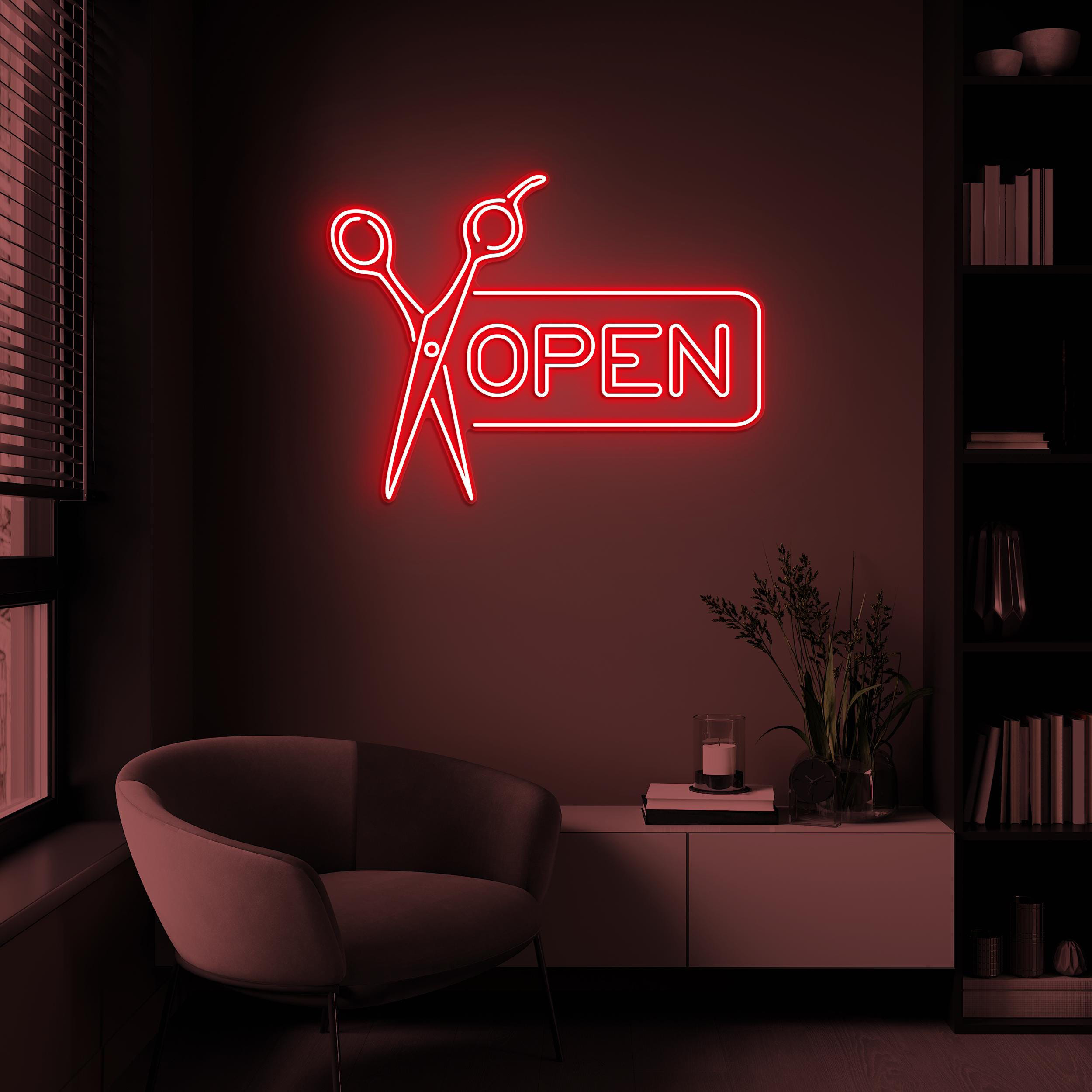 Open Neon Sign, Open Scissors LED Light, Scissors LED Sign, Neon Art, Hair Salon Open Wall Art, Barber Shop Decor, Beauty Salon Door Sign