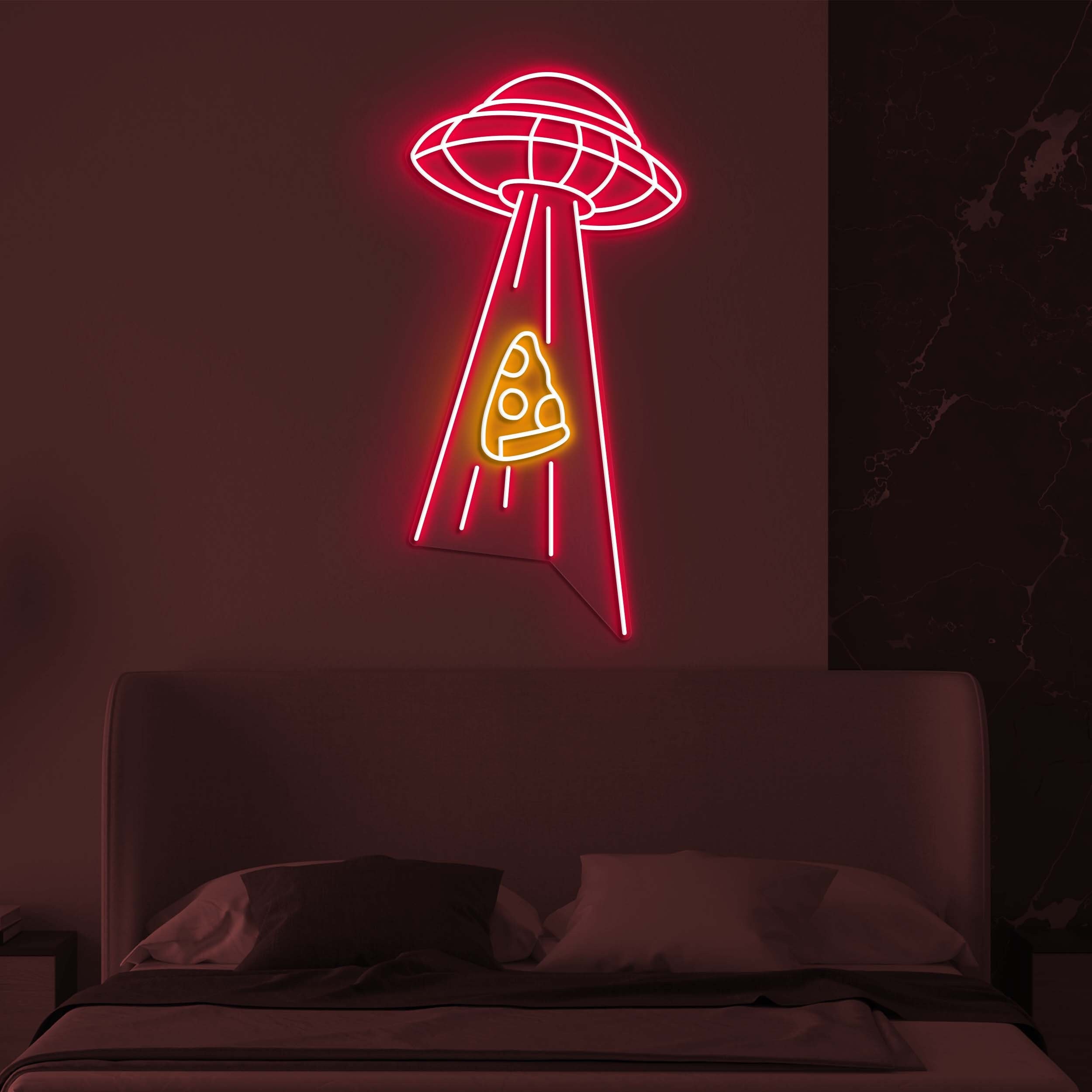 Ufo Abducting Pizza Neon Light, UFO Neon Sign for Game Room, LED Wall Art, Pizza Lovers Gift, Restaurant & Party Decor, UFO Fan Decor, Gift