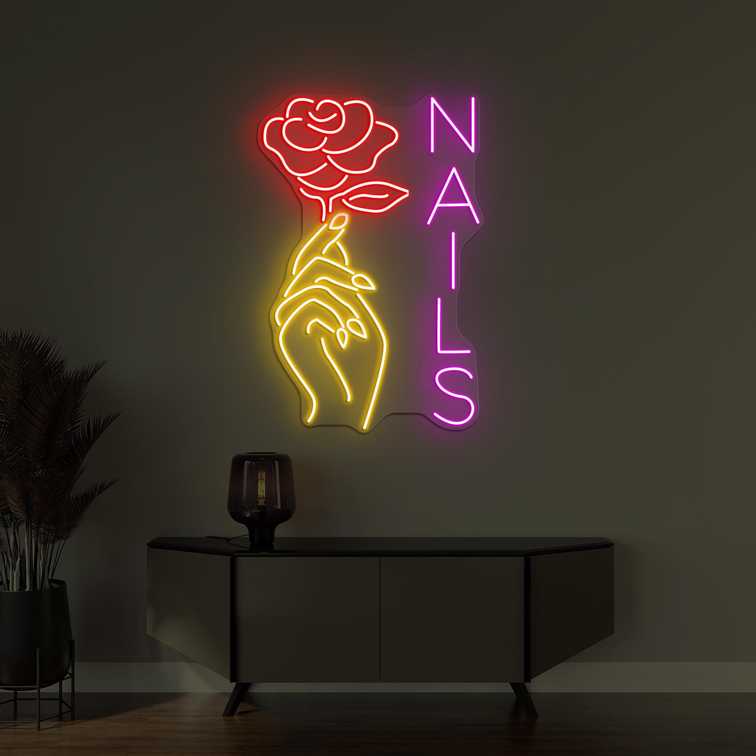 Nails Neon Sign, Nails LED Light, Hand Hold Rose Wall Decor, Custom Neon Sign, Nails Logo Neon Art, Beauty Saloon Wall Art, Manicure Sign