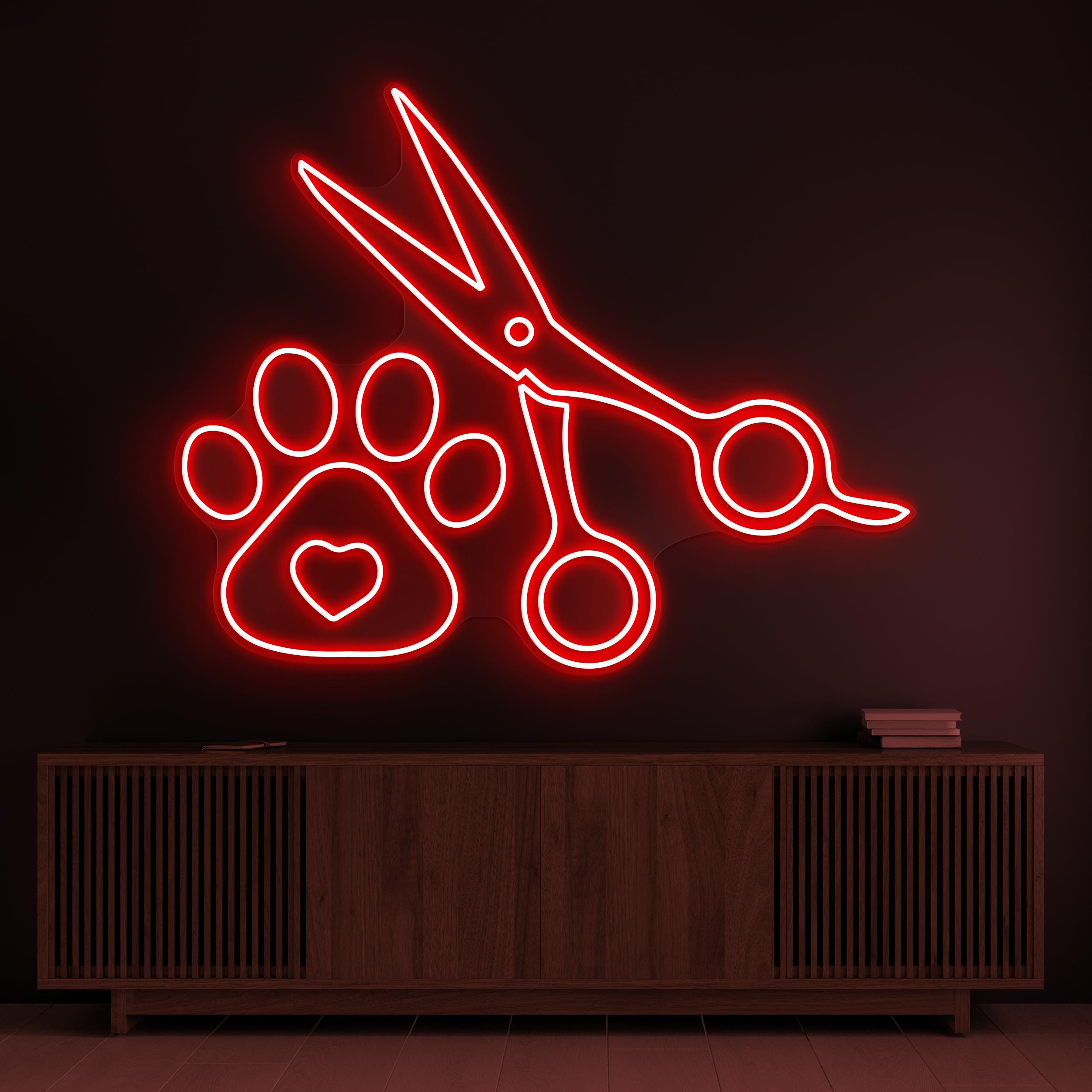 Paw with Scissors Neon Sign, Paw with Scissors LED Light, Pet Grooming Wall Art, Dog Cat Pet Service Sign, Pet Shop Decor, Paw Neon Art