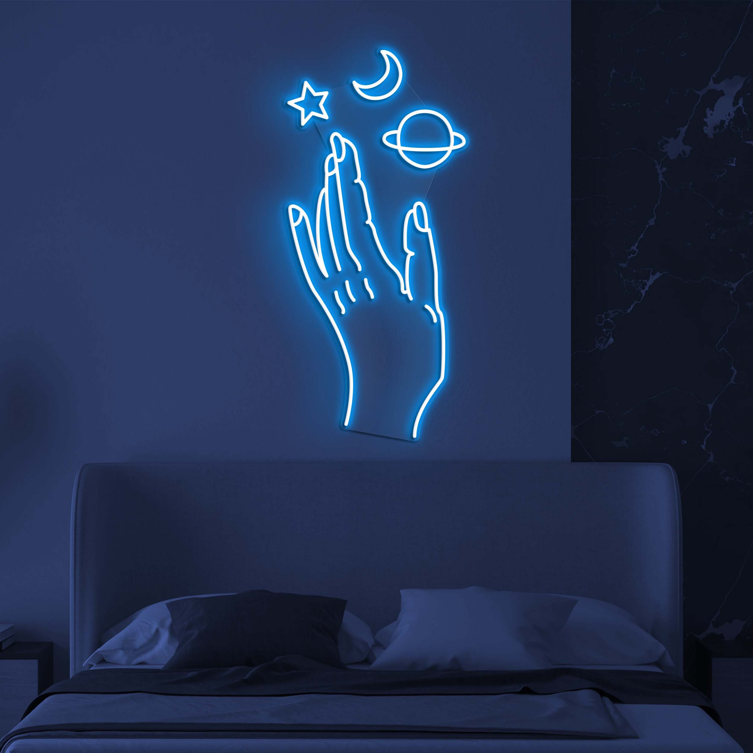 Galaxy Hand Neon Light, Galaxy Moon and Stars Hand Neon Sign, Kids Room Decor, Led Wall Decor for Bedroom, Cafe, or Studio, Neon Art Sign