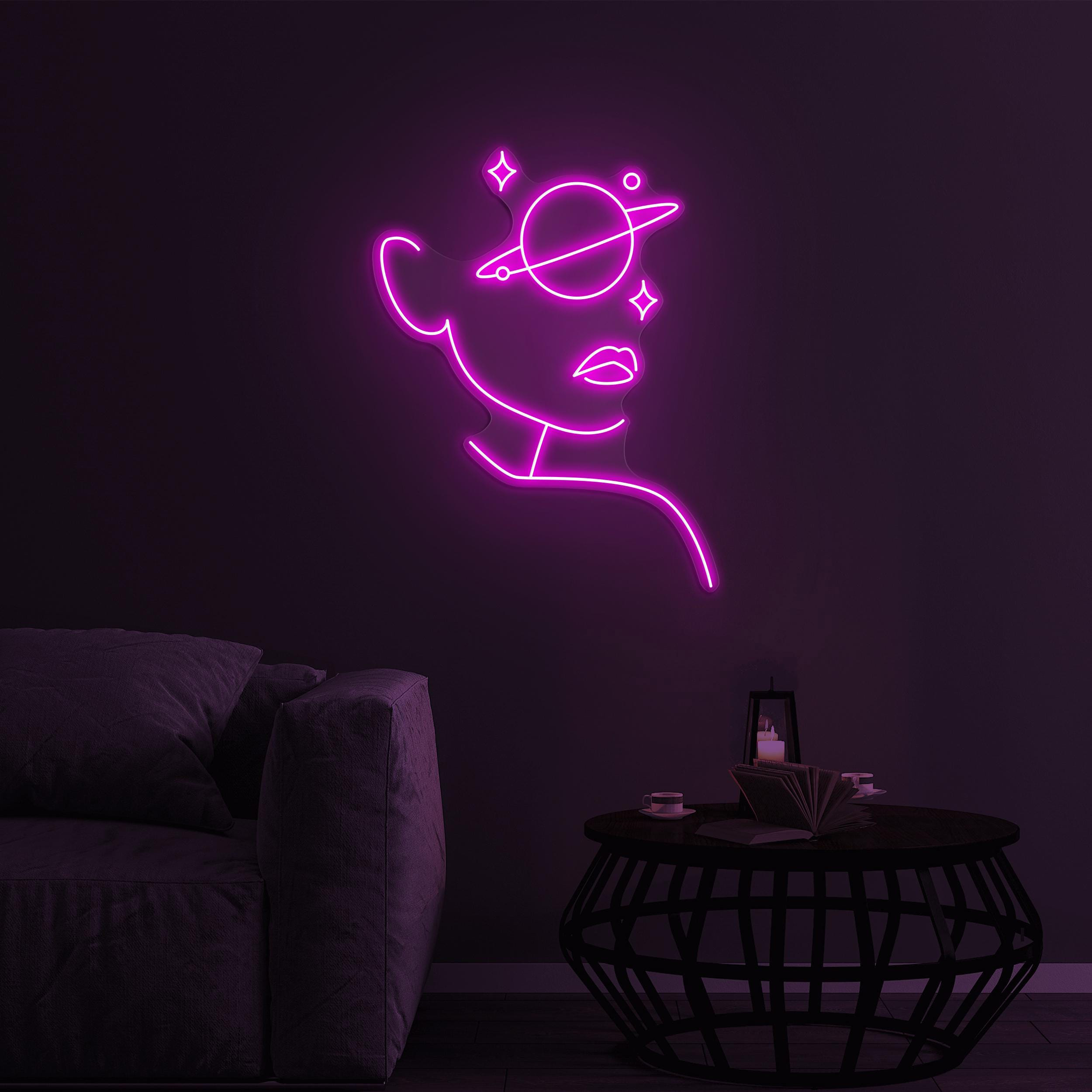 Woman with Planet Eye Neon Sign, Planet Girl Eye LED Sign, Beauty Club Wall Decor, Girl Face With Planet Decor, Home Wall Decor, Cosmic Neon