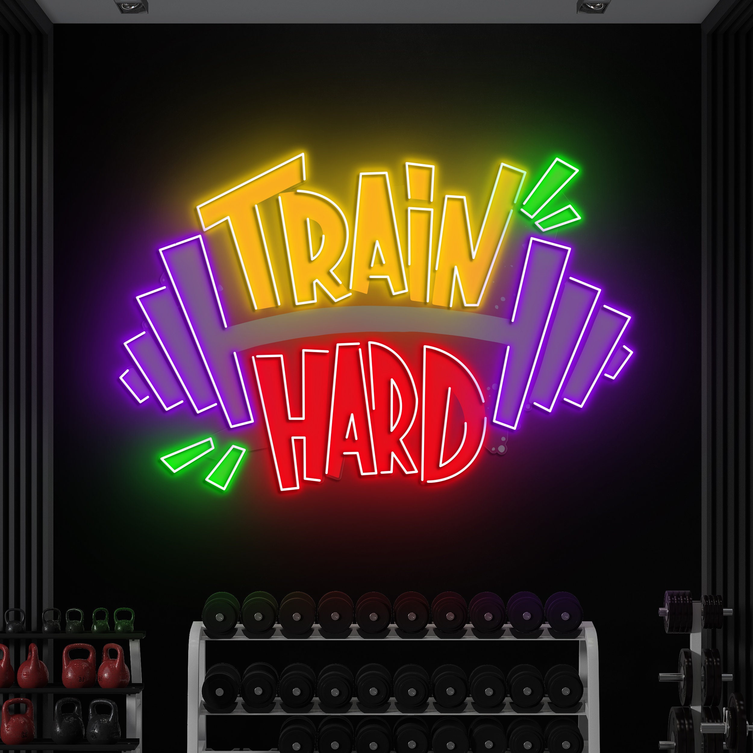 Train Hard Neon Light, Dumbbell Neon Pop Art, Gym Decor, Fitness Wall Art, Home Gym Decor, Workout Motivation, LED Light, Motivational Decor