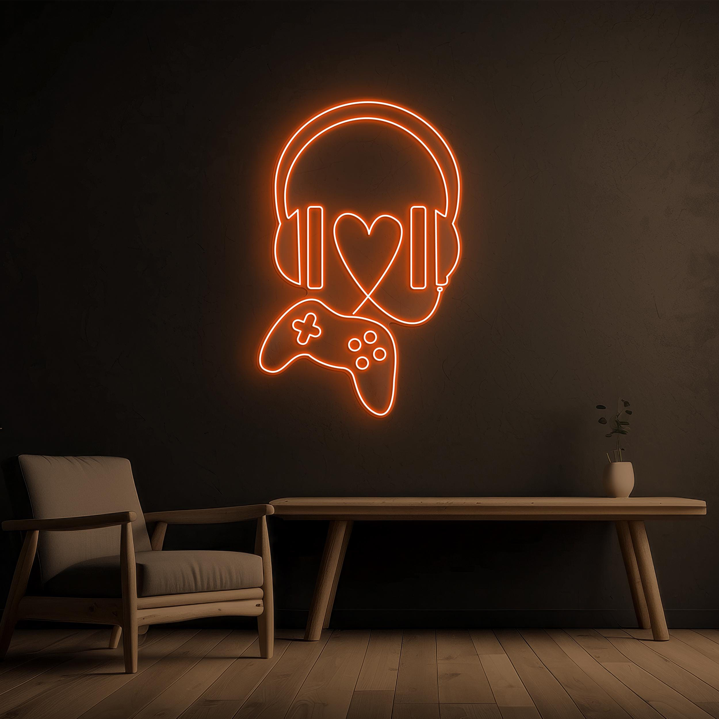 Headphone Neon Sign, Game Controller Led Light, Game Player Wall Decor, Headphone With Heart Sign, Game Room Wall Decor, Game Lover Gift