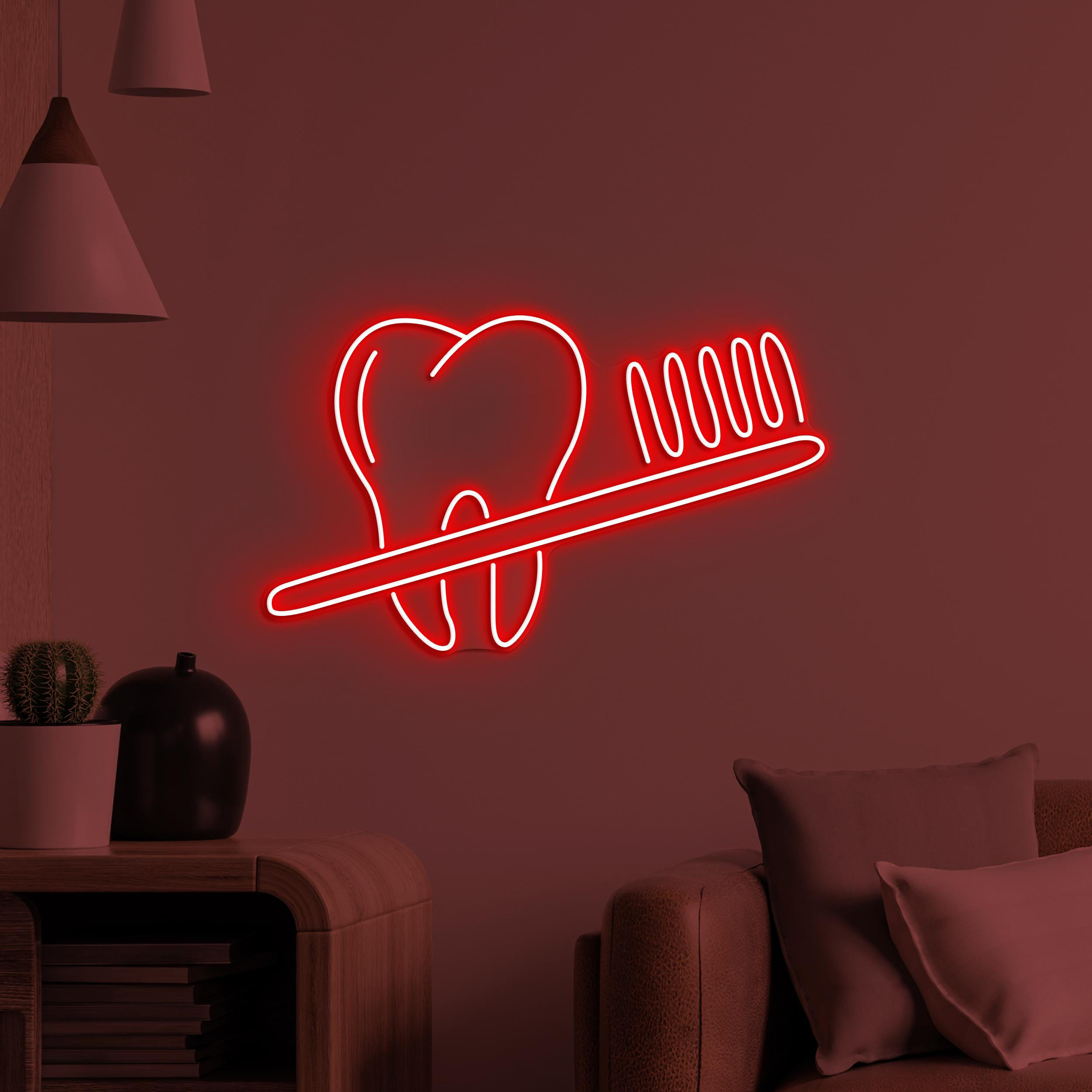 Toothbrush and Teeth Neon Sign, Toothbrush and Teeth LED Light, Bathroom Wall Decor, Dental Office Neon Light, Tooth & Brush Wall Light