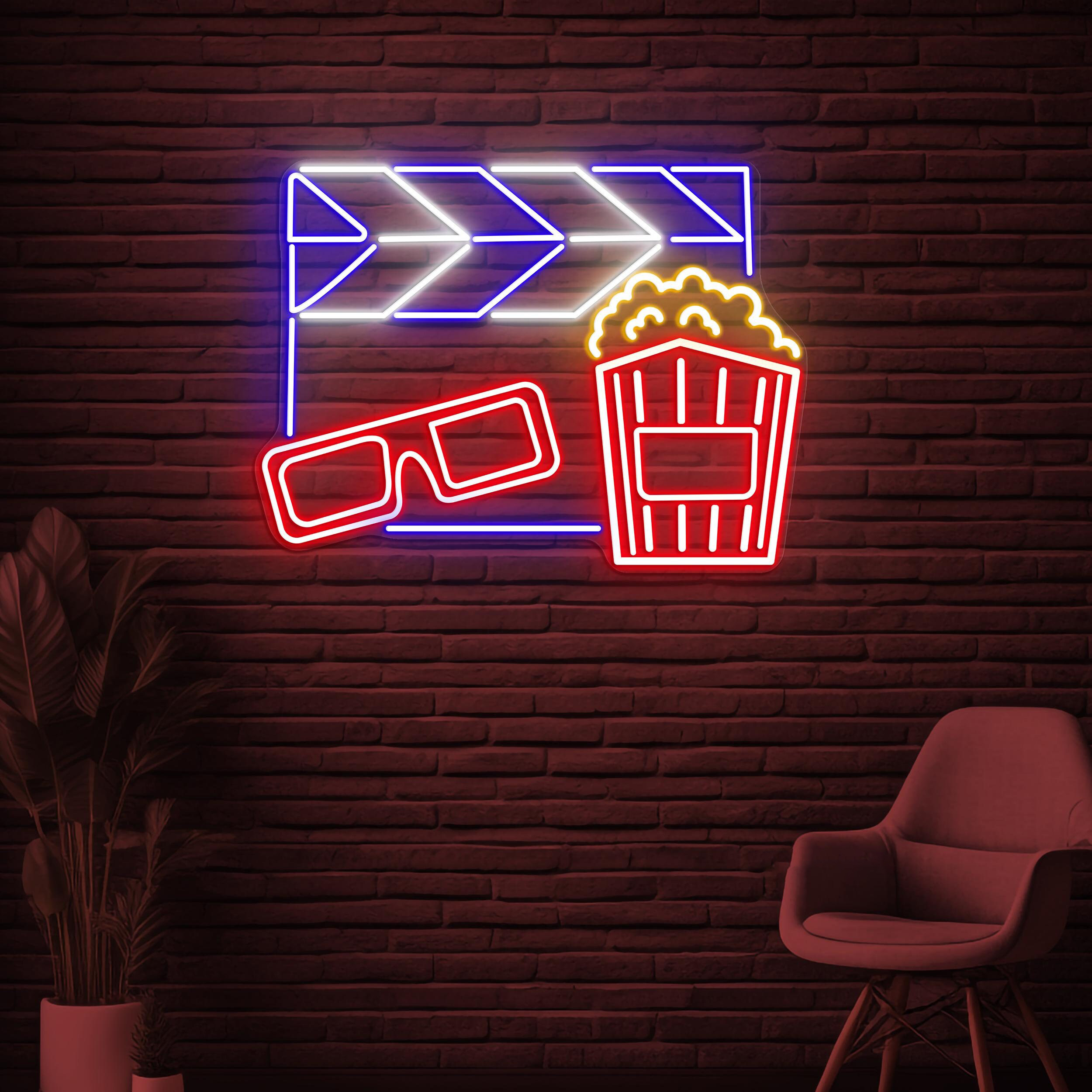 Movie Night Neon Sign, Movie Night LED Light, Cinema Room Decor, Movie Neon Art, Cinema Popcorn & Glasses Sign, Movie Lover Gift, Cinema Art