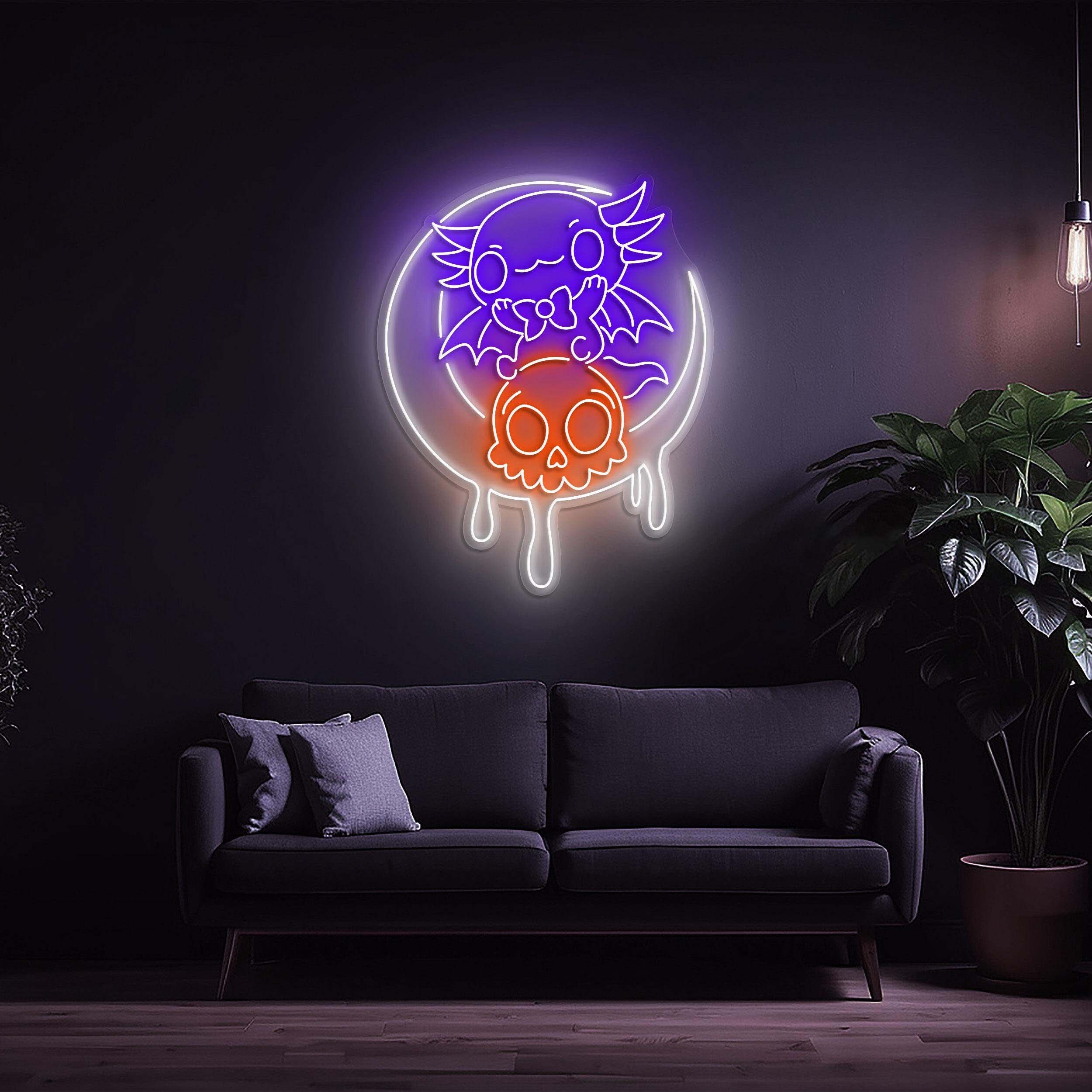 Moon Dipping Neon Sign, Cute Cat and Skull Led Neon Light, Kitty on Moon Sign, Cat Moon Light for Room, Party, Game Room Decor, Led Wall Art