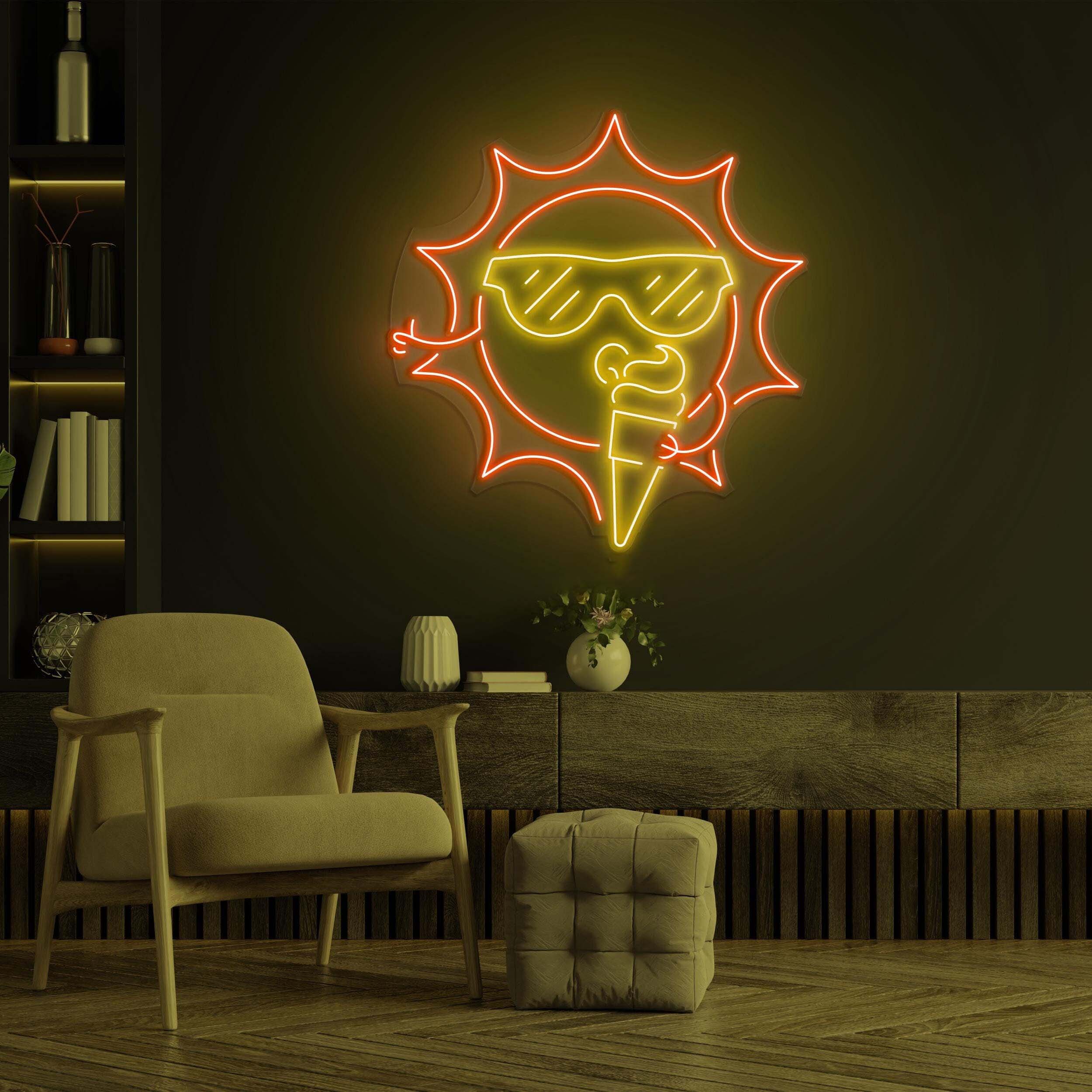 Sun Eating Ice Cream Neon Sign, Sun Eating Ice Cream LED Neon Art, Ice Cream Shop Decor, Business Logo Light, Gift for Ice Cream Lover, Gift