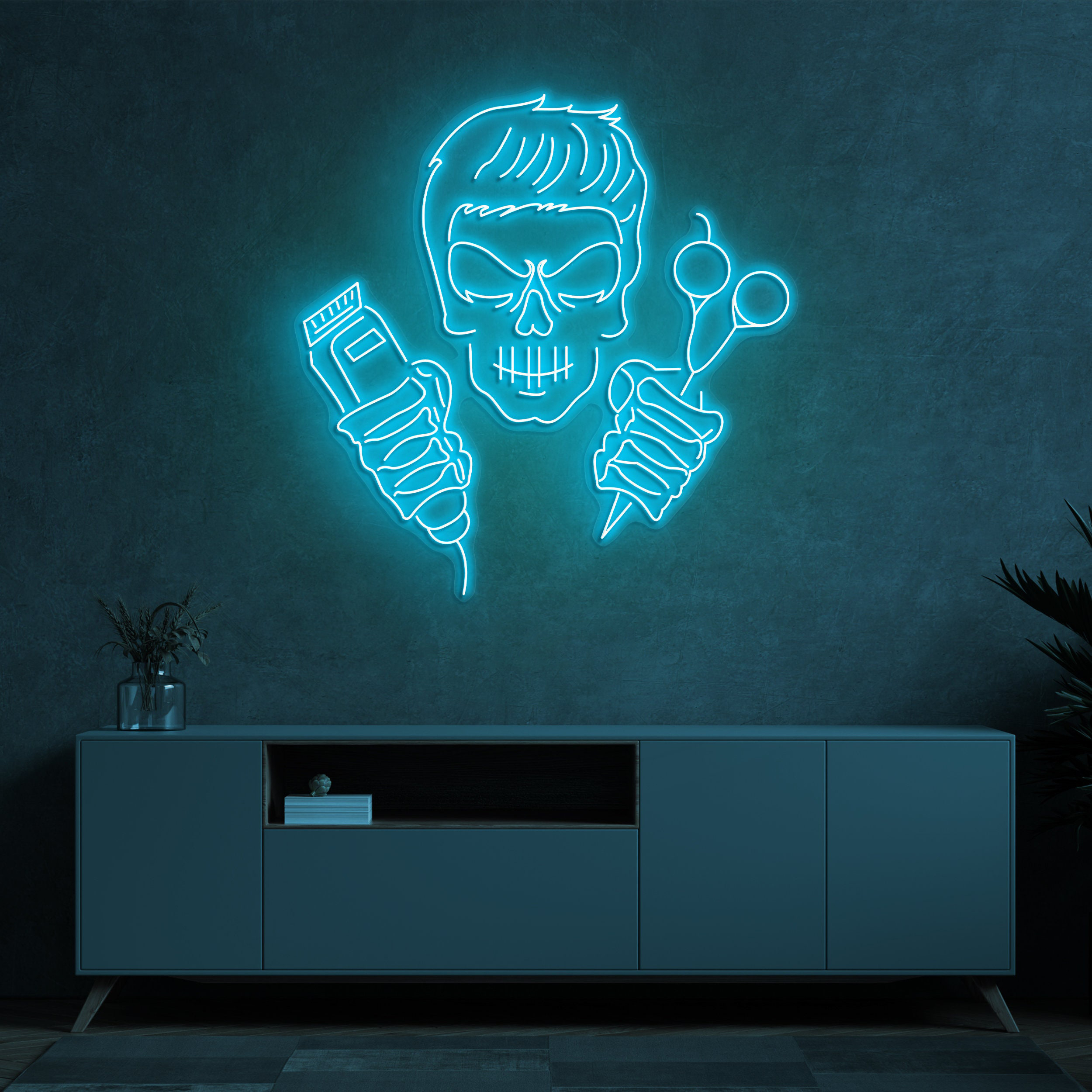 Skull Barber Neon Light, Clippers and Scissors Sign, Neon Sign for Salon Decor, Skull Head LED Light Sign, Led Decor For Hair Salon and Shop