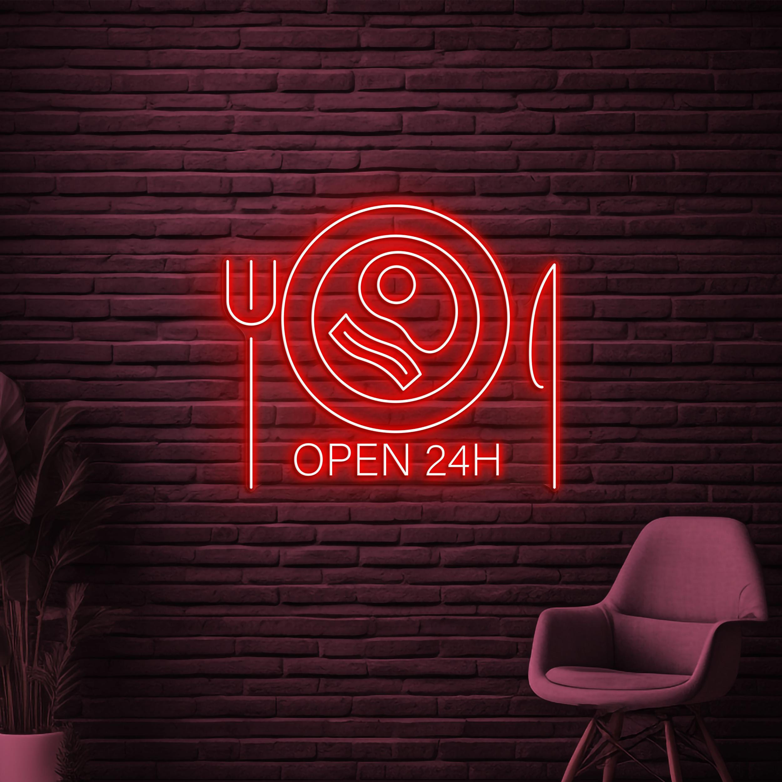 Open 24 Neon Sign, Hours 24 LED Light, Restaurant Wall Decor, Food Shop Wall Art, Business Neon Sign, Bar Club Decor, Forks & Knives Light