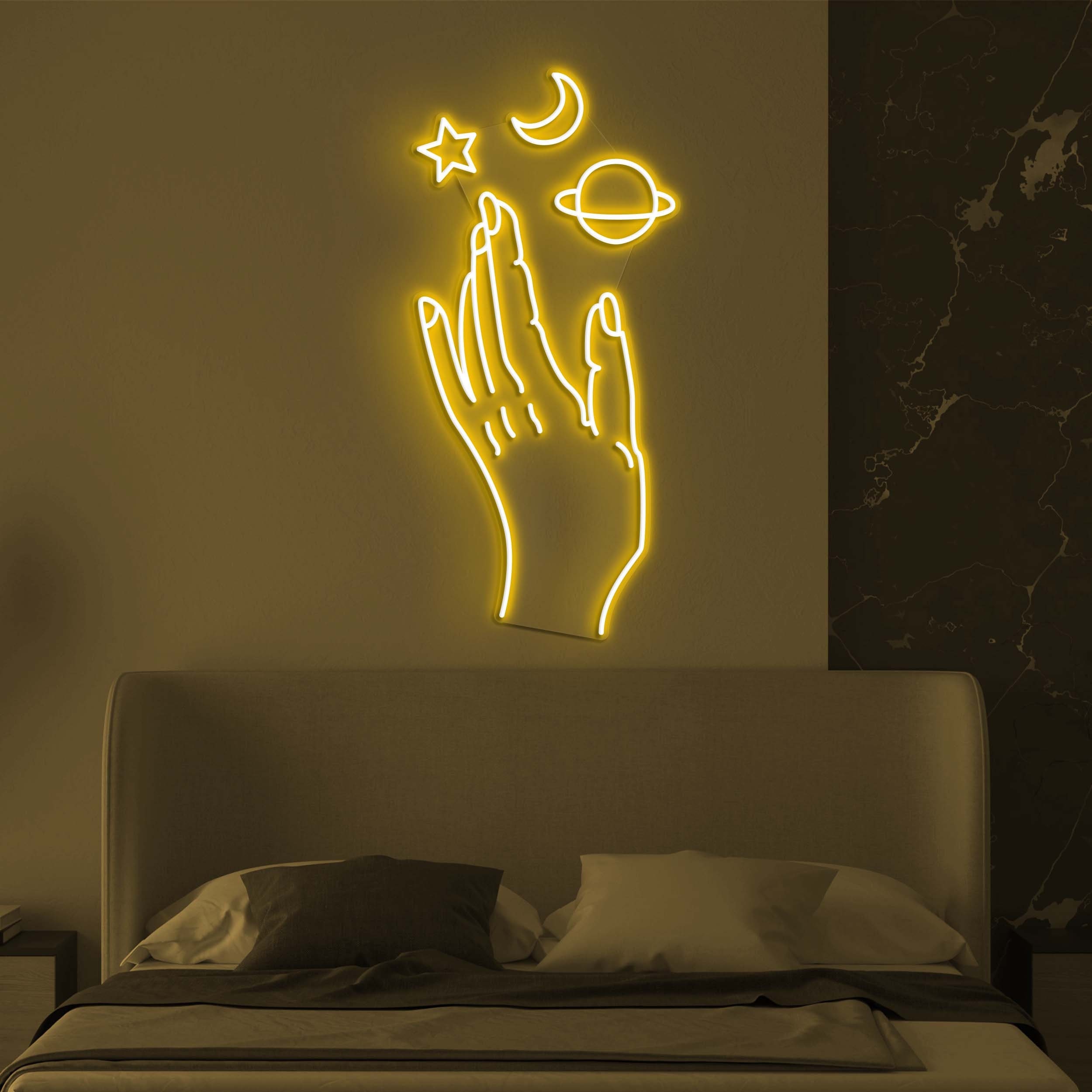 Galaxy Hand Neon Light, Galaxy Moon and Stars Hand Neon Sign, Kids Room Decor, Led Wall Decor for Bedroom, Cafe, or Studio, Neon Art Sign