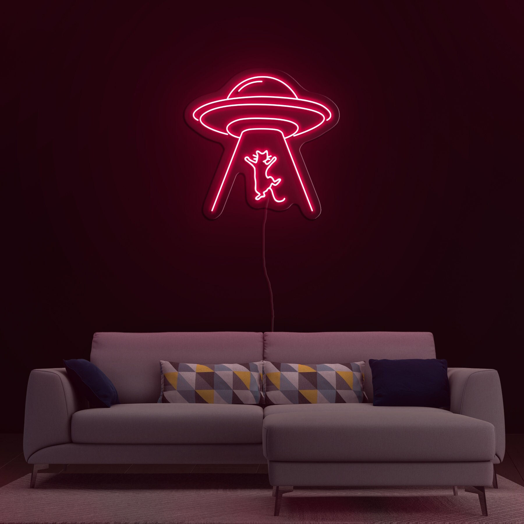 UFO Neon Sign, Alien Cat LED Neon Light for Home Bedroom, Living Room, Man Cave, Office, Wall Decor and Birthday Gift, UFO Party Decoration