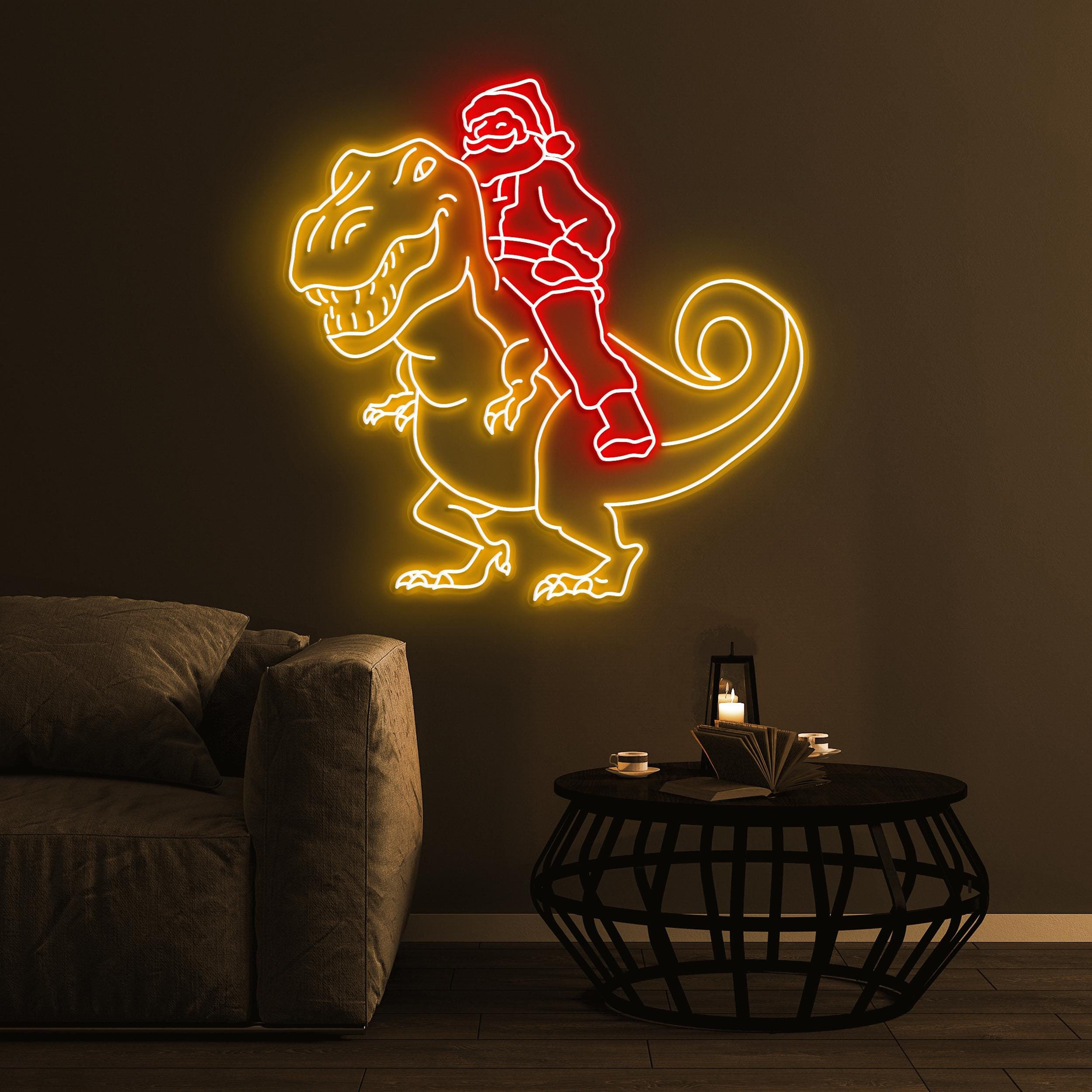 Santa on Dinosaur Neon Sign, Santa on Dinosaur LED Light, Christmas Art, Santa Claus Decor, Dino Art, Kids & Game Room Decor, Christmas Gift