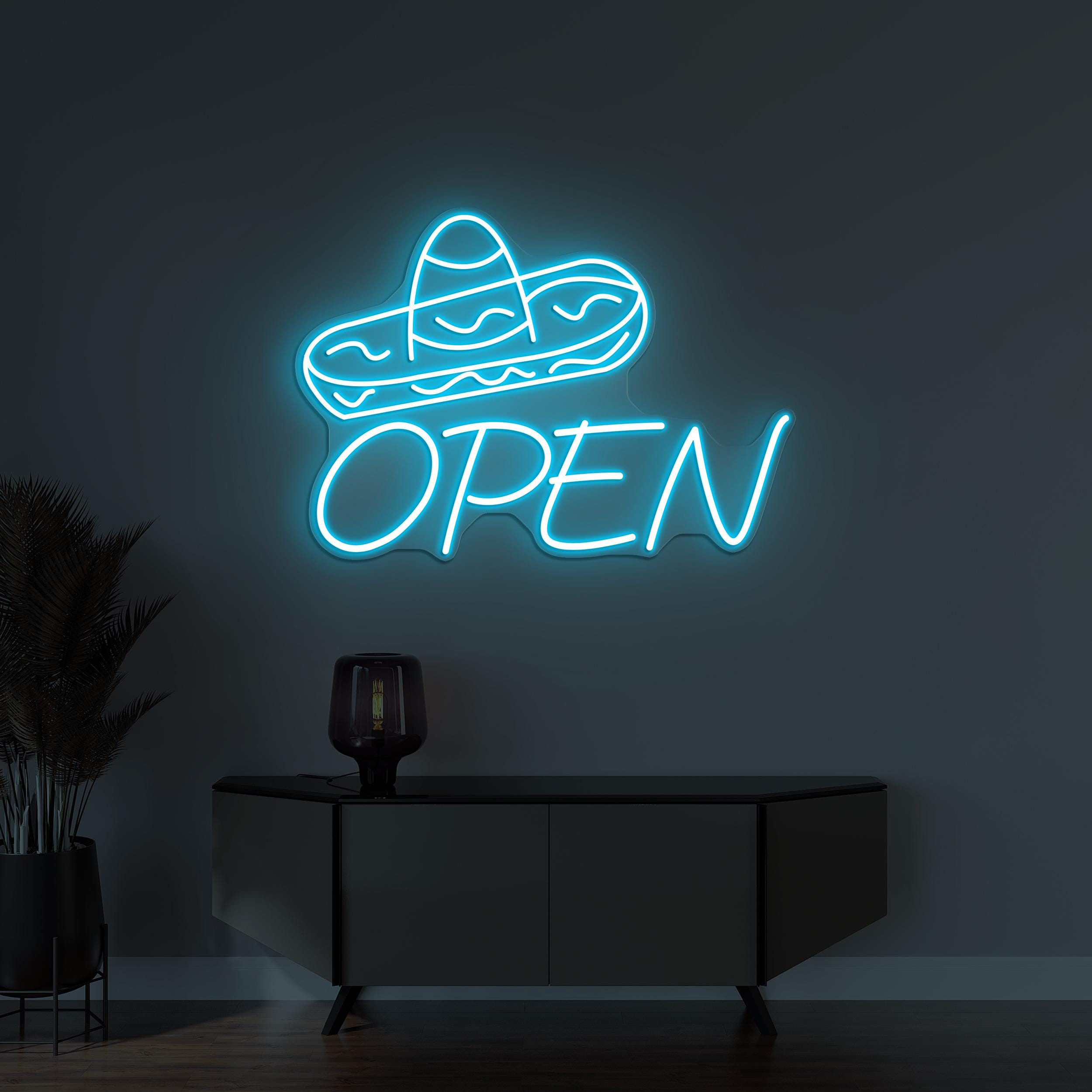 Sombrero hat Open Neon Sign, Mexican Hat LED Light, Custom Neon Sign, Restaurants Wall Decor, Open Shop Wall Art, Business Logo Wall Sign