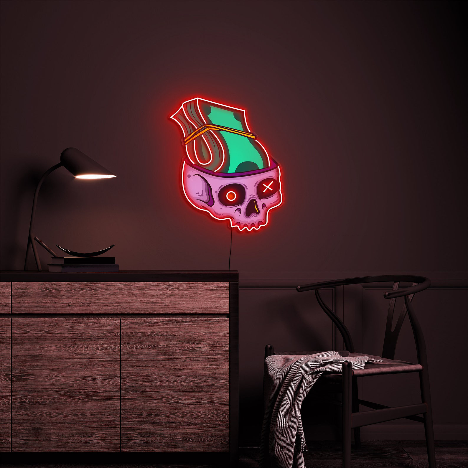 Skull Money Neon Sign, Skull Head Neon Light, Money Neon Sign for Game Room Decor, Neon Pop Art Sign, Wall Art, LED Decor for Game Room