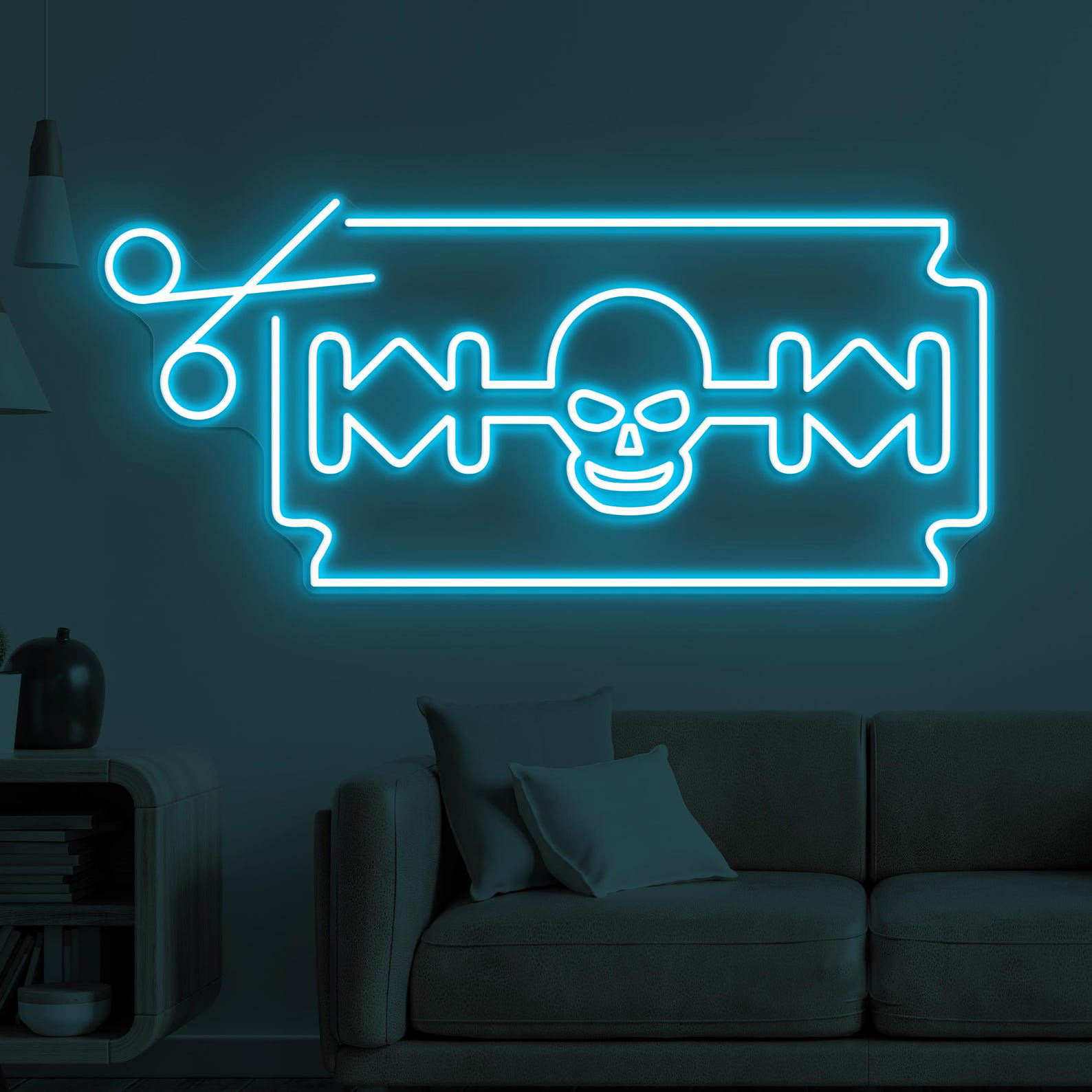 Razor Blade & Skull Neon Sign, Razor With Skull LED Light, Scissor Wall Decor, Tattoo Wall Art, Barber Business Neon Light, Led Shop Decor