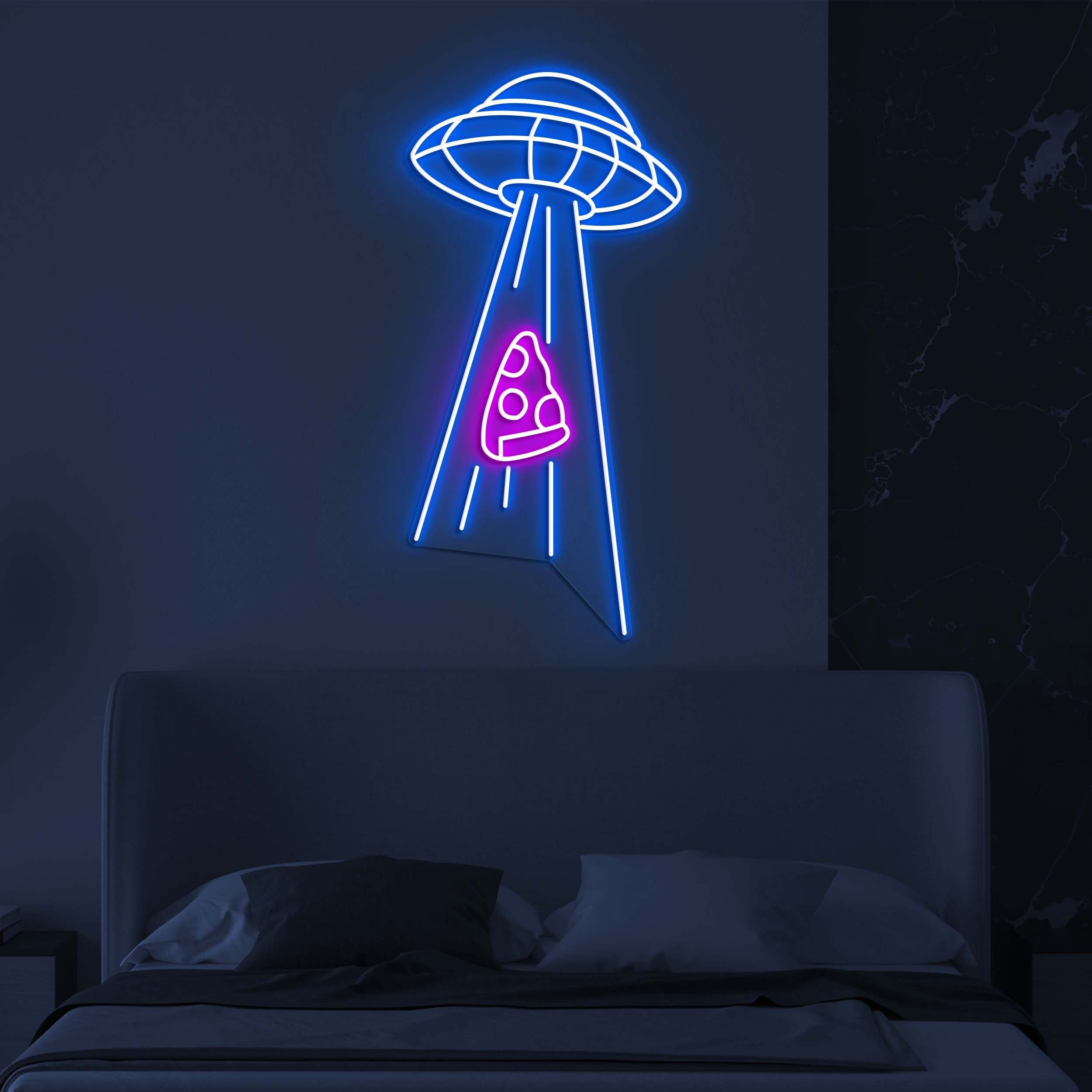 Ufo Abducting Pizza Neon Light, UFO Neon Sign for Game Room, LED Wall Art, Pizza Lovers Gift, Restaurant & Party Decor, UFO Fan Decor, Gift