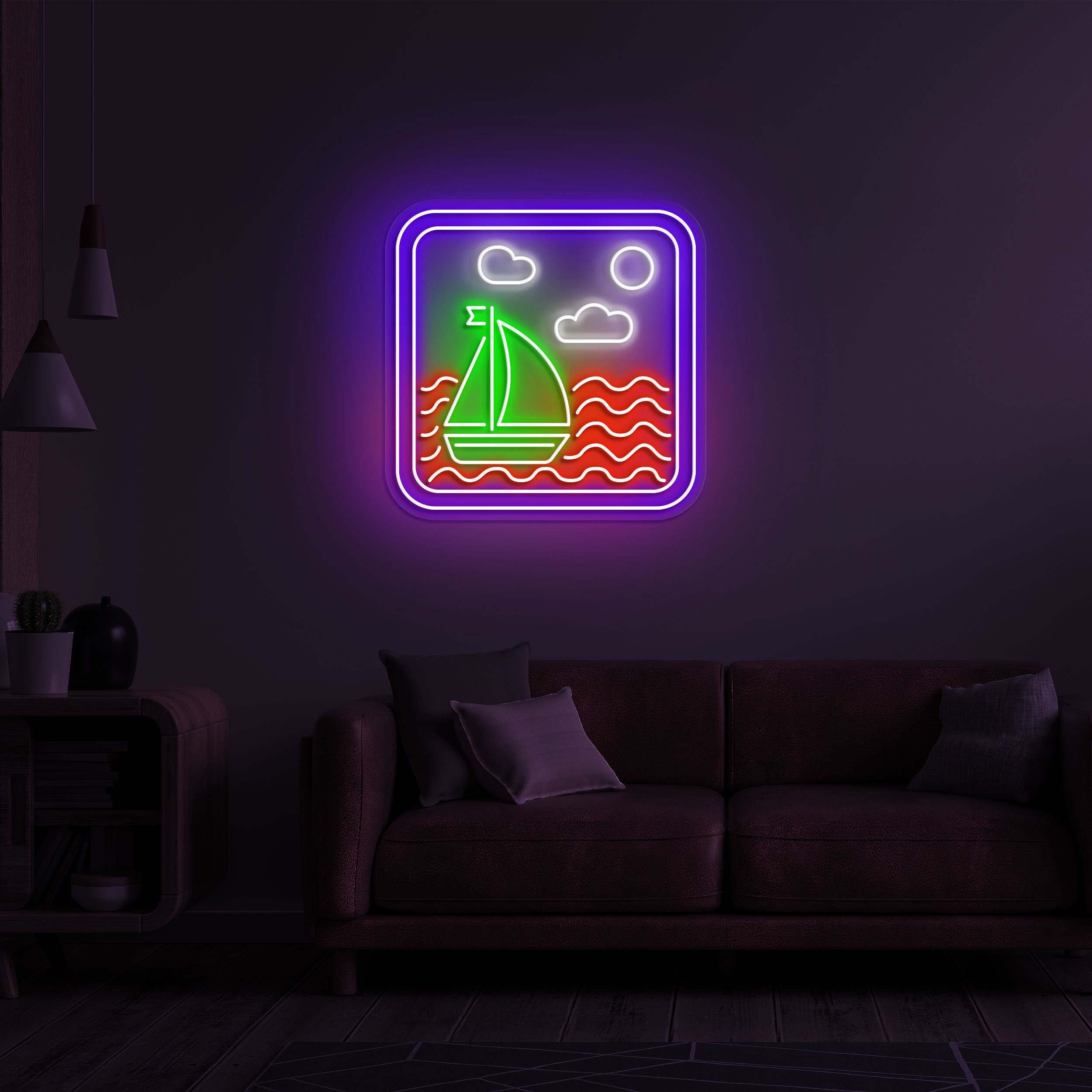 Sailboat Neon Sign, Sailboat in Sea Frame Sign, Boat Neon Light, Sea Ship Neon Light, Wall Decor for Beach Lovers, Beach House Decor, Gift