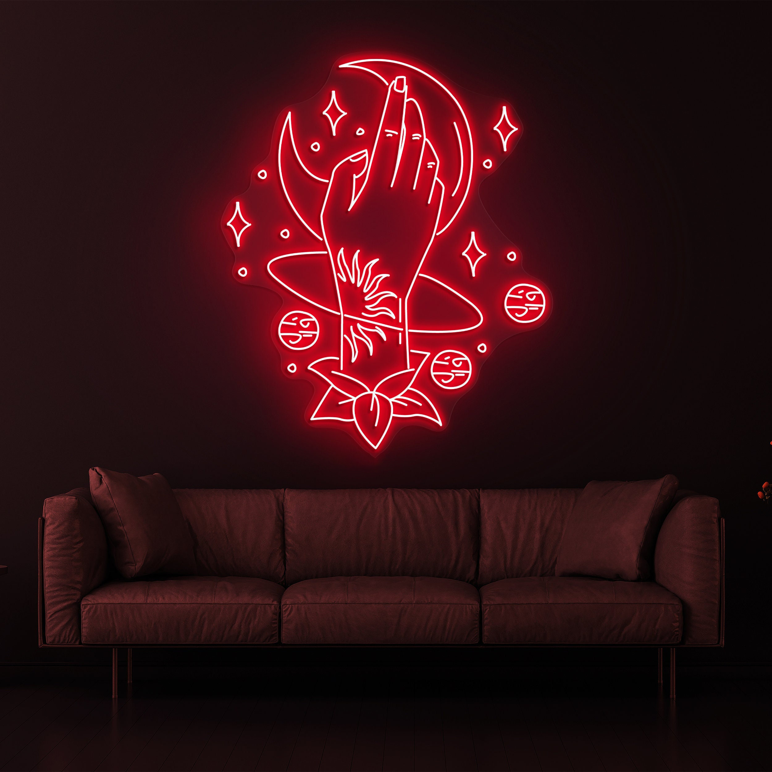 Hand Holding Moon & Stars Neon Sign, Moon LED Light, Universe Space Room Wall Decor, Salon Decor, Lady Nail Moon Stars Neon Sign, Moon Sign