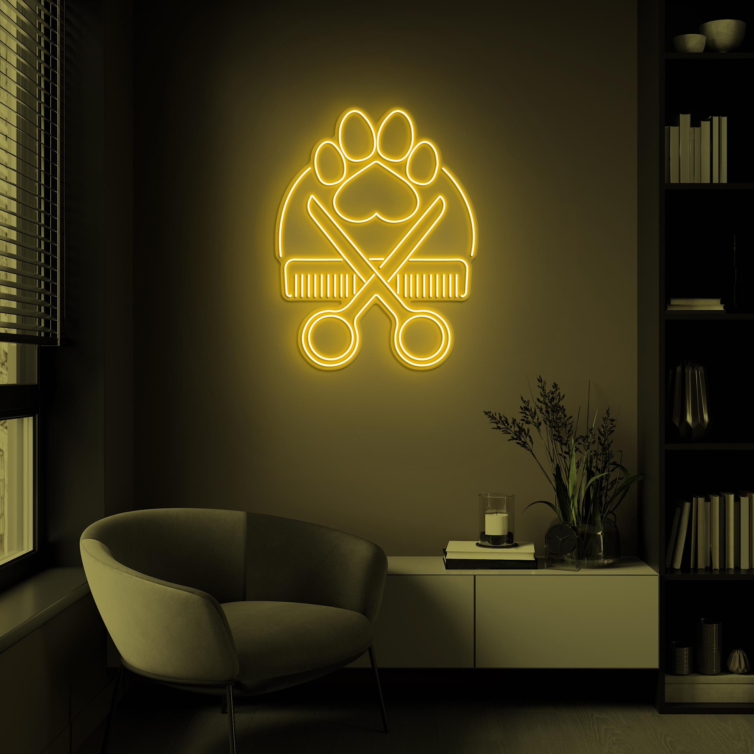 Paw with Scissors Neon Sign, Paw Print with Scissors LED Light, Dog Cat Pet Service Decor, Pet Shop Wall Decor, Paw Neon Art, Pet Salon Art