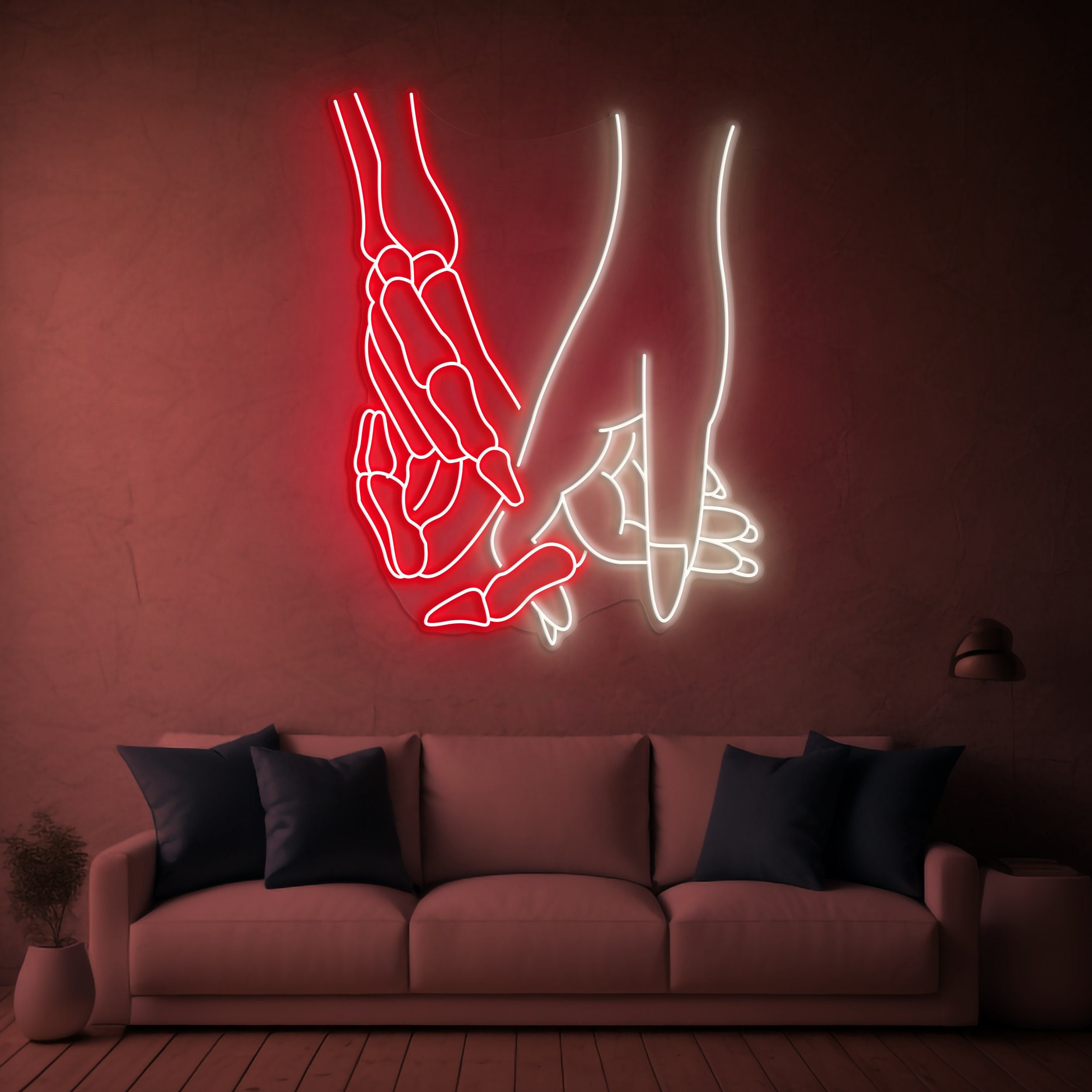 Skeleton & Human Hands Neon Light, Gothic LED Wall Art, Led Halloween Decor, Bar Aesthetic, Skeleton Neon Sign, Romantic Gift, Unique Decor