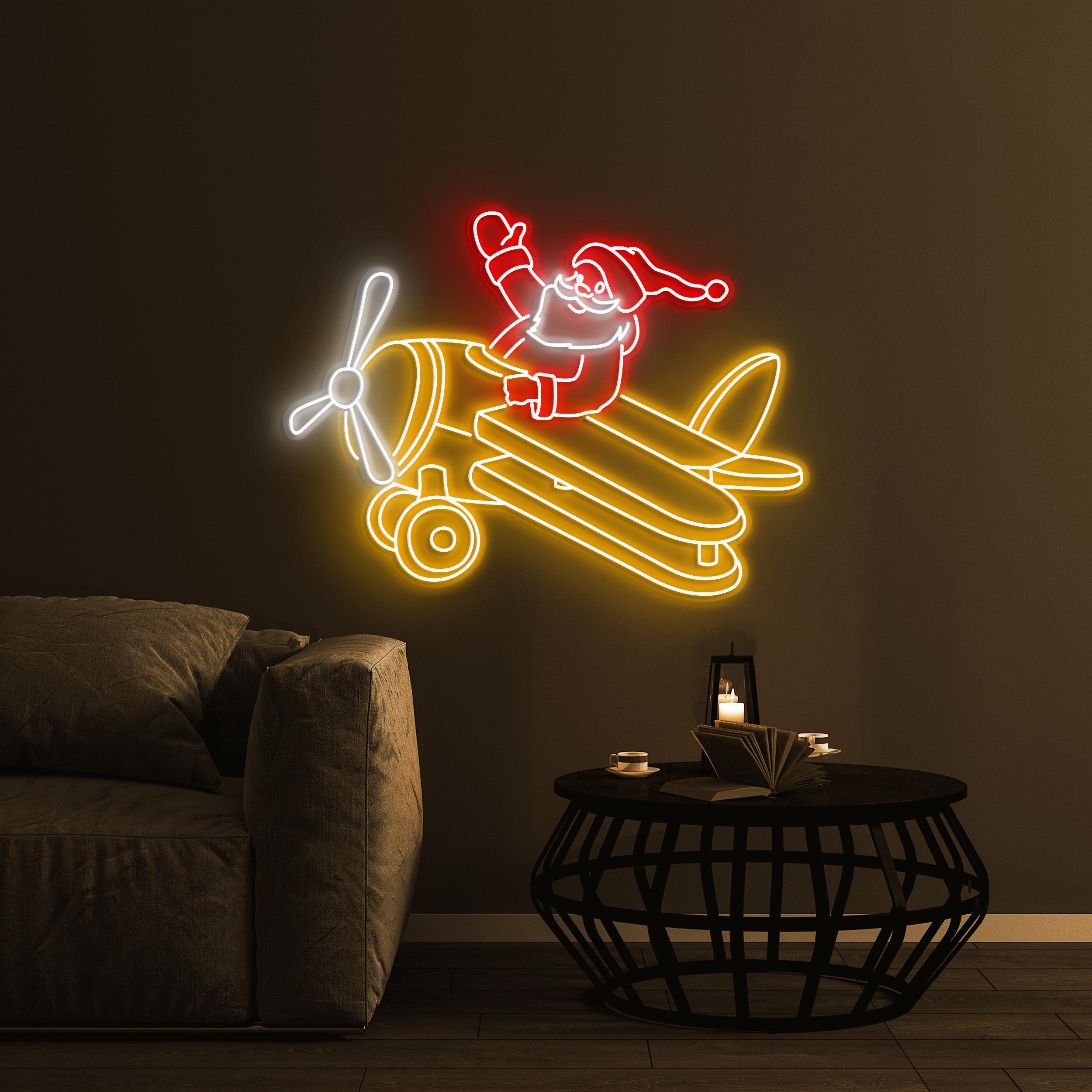 Santa on Airplane Neon Sign, Santa on Airplane LED Light, Christmas Art, Santa Claus Decor, Kids & Game Room Decor, Christmas Lover Gift