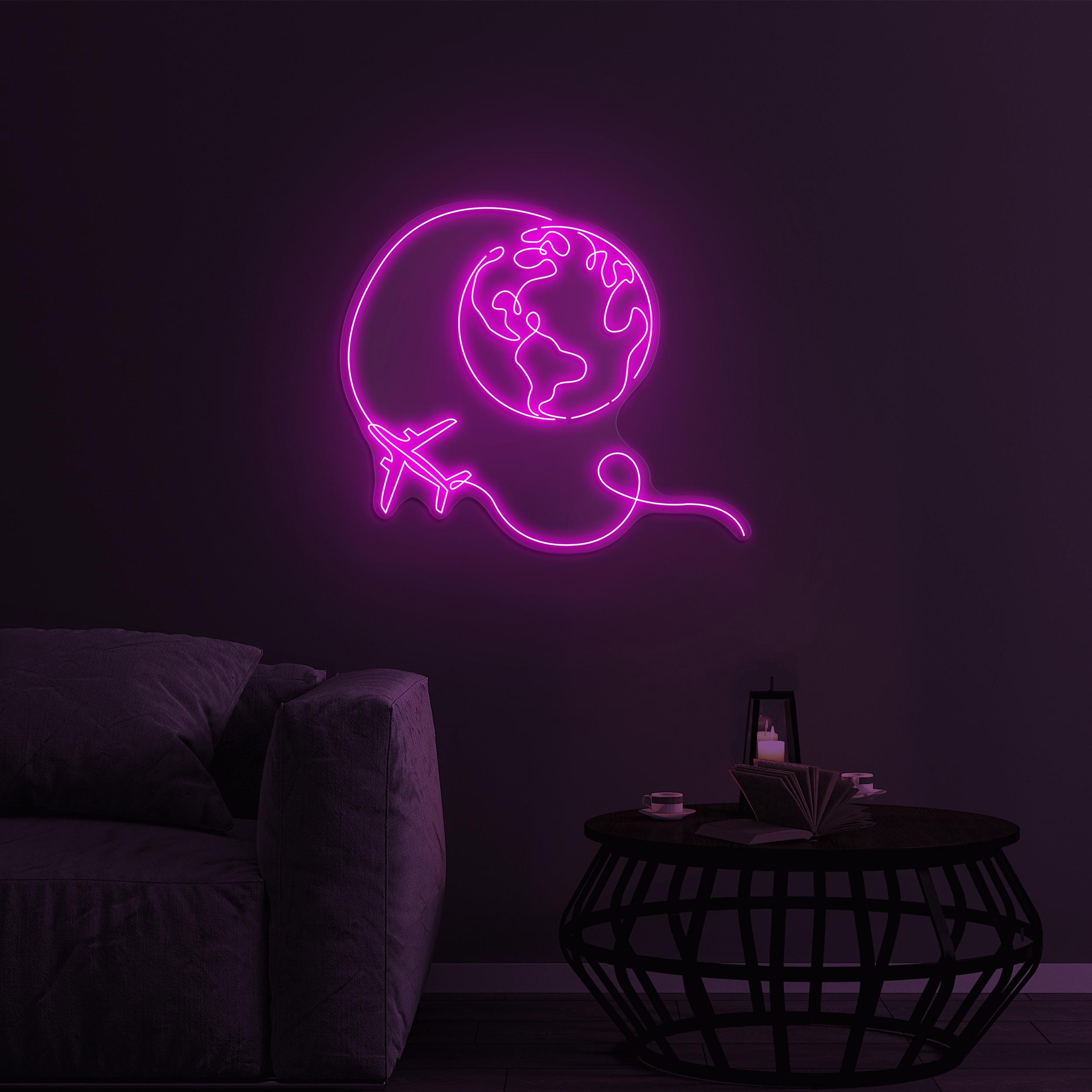 Earth and Airplane Neon Sign, Travel World LED Light, Earth and Airplane LED Art, Home Wall Decor, Travel Agency Wall Decor, Airplane Sign