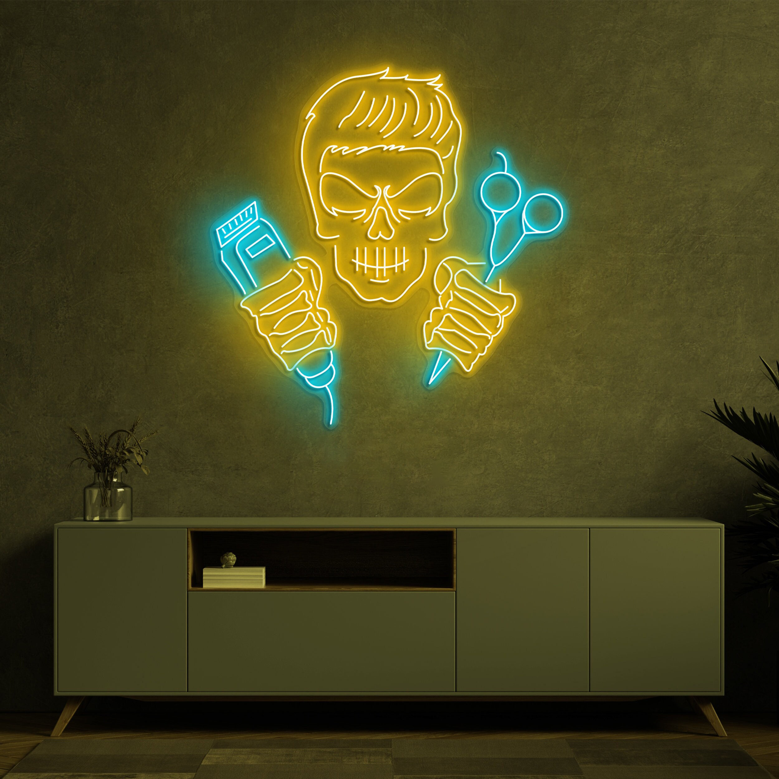 Skull Barber Neon Light, Clippers and Scissors Sign, Neon Sign for Salon Decor, Skull Head LED Light Sign, Led Decor For Hair Salon and Shop