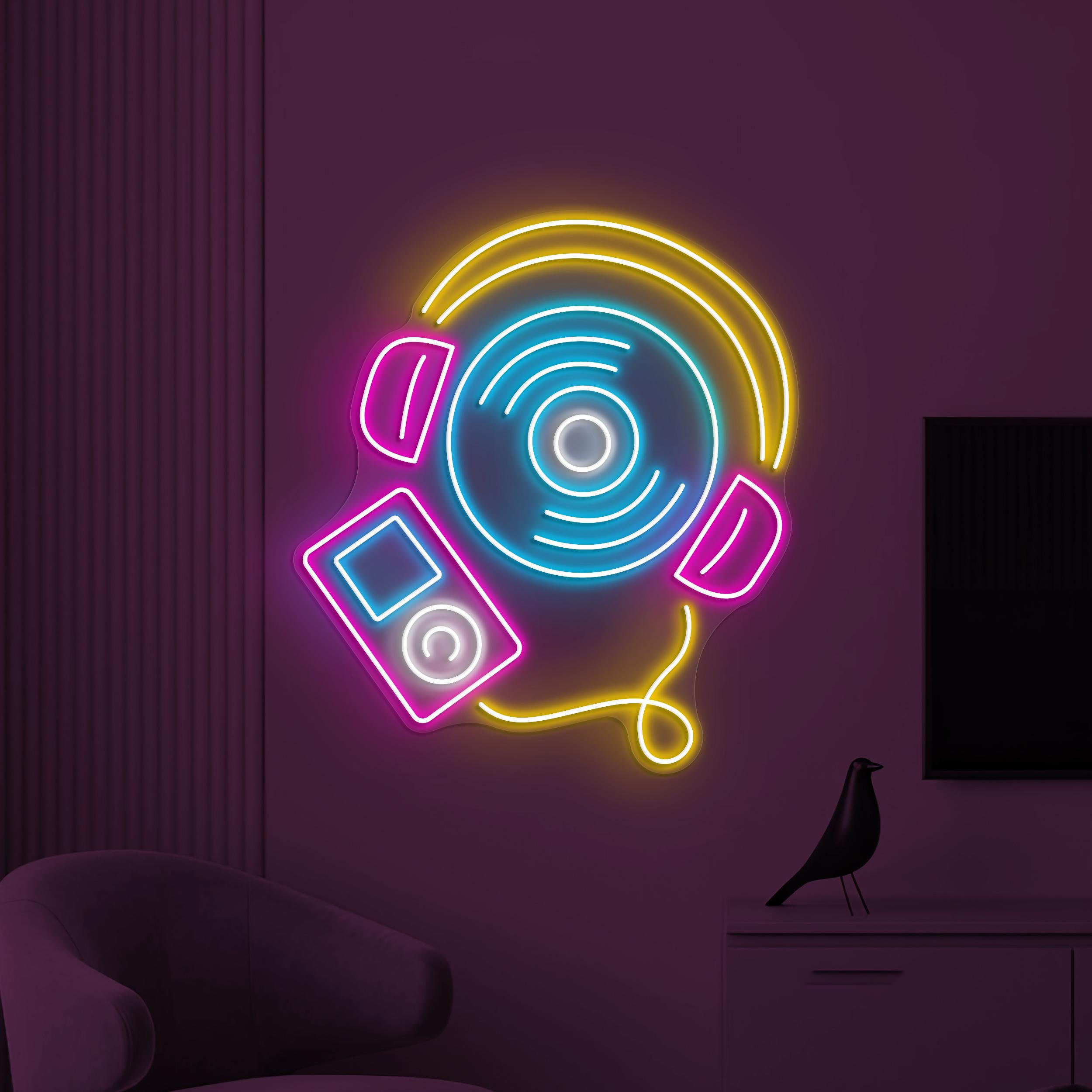 Music Neon Sign, Headphone LED Light, Headphone With Mobile Wall Art, Music Lover Wall Decor, Dance Club Neon Light, Music Studio Neon Sign