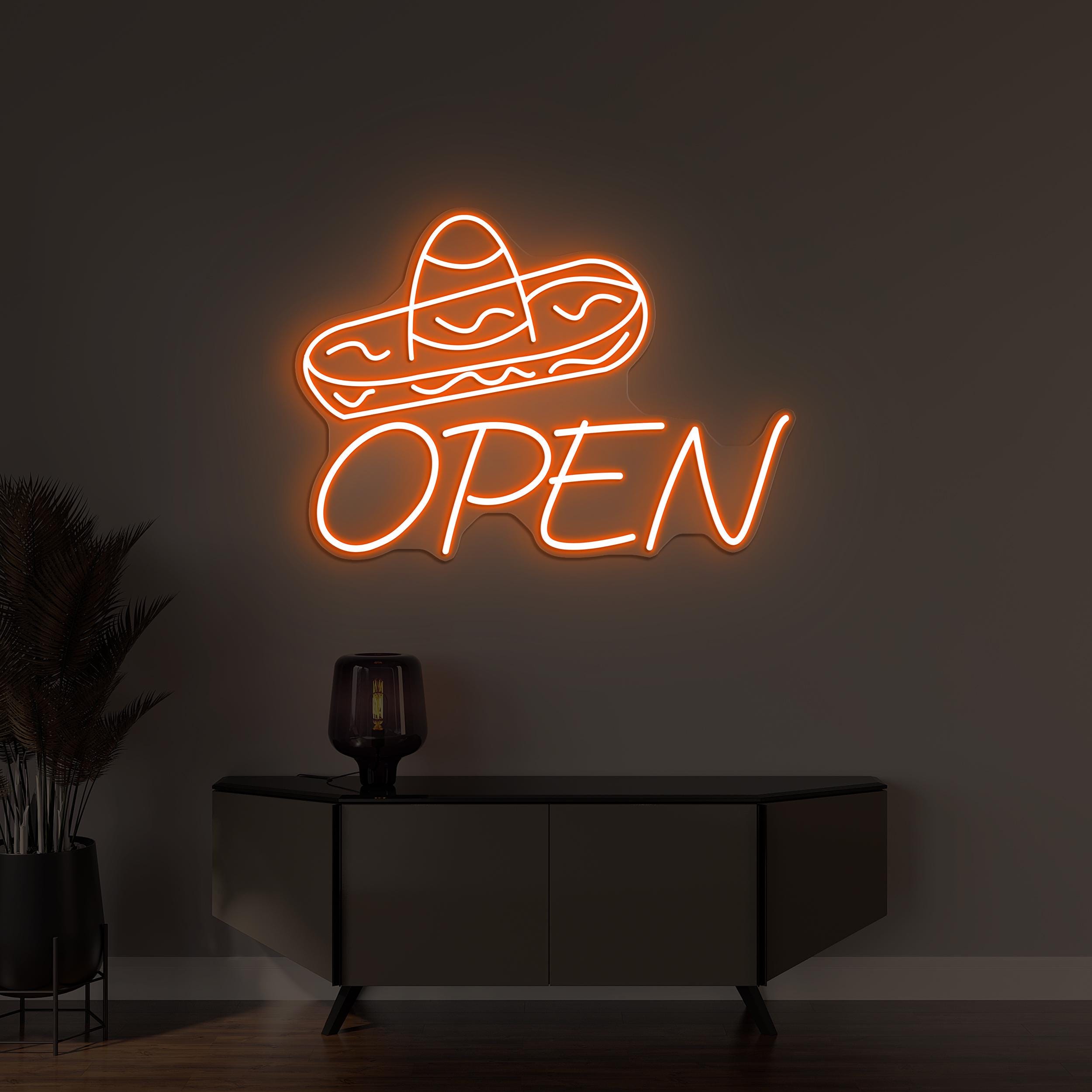 Sombrero hat Open Neon Sign, Mexican Hat LED Light, Custom Neon Sign, Restaurants Wall Decor, Open Shop Wall Art, Business Logo Wall Sign