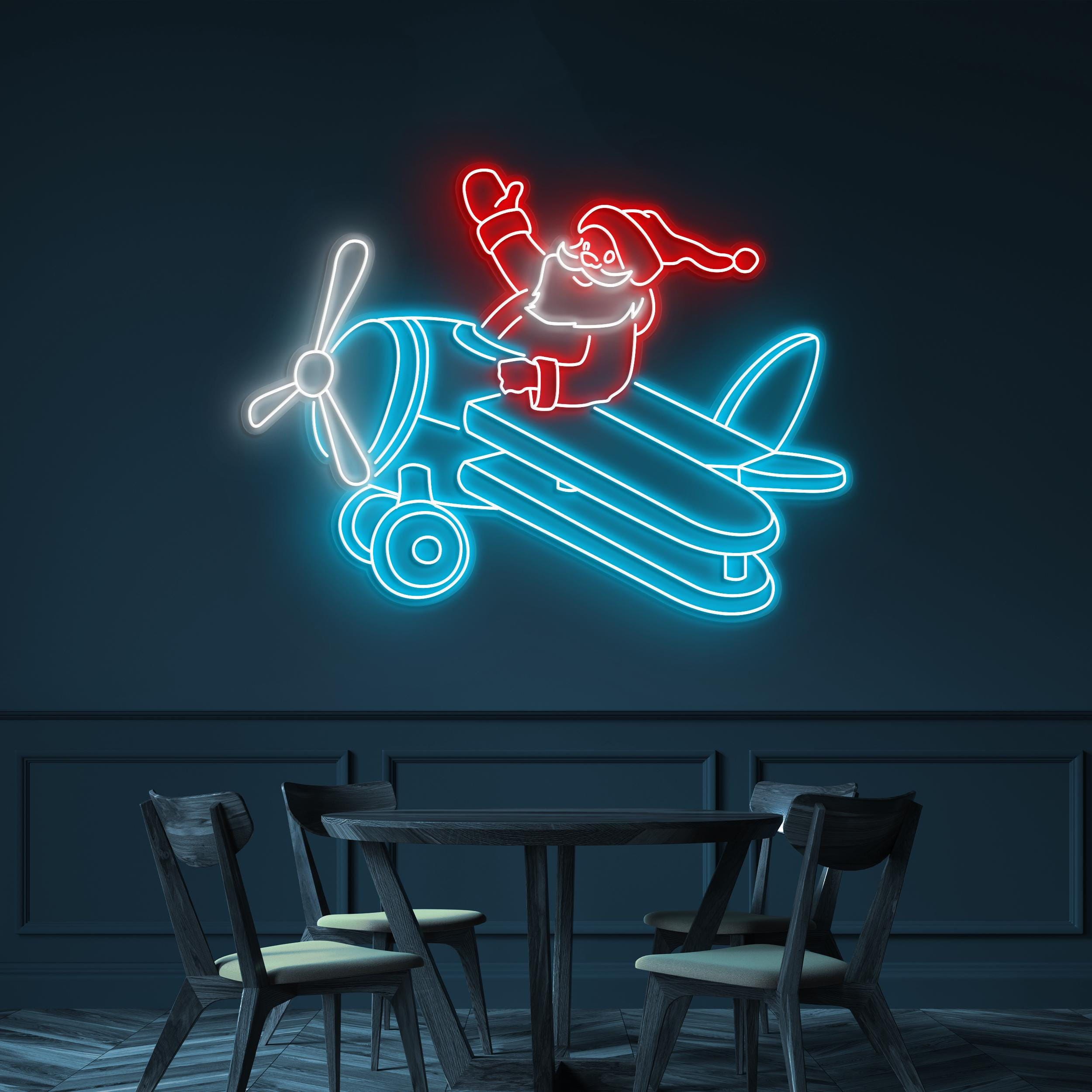 Santa on Airplane Neon Sign, Santa on Airplane LED Light, Christmas Art, Santa Claus Decor, Kids & Game Room Decor, Christmas Lover Gift