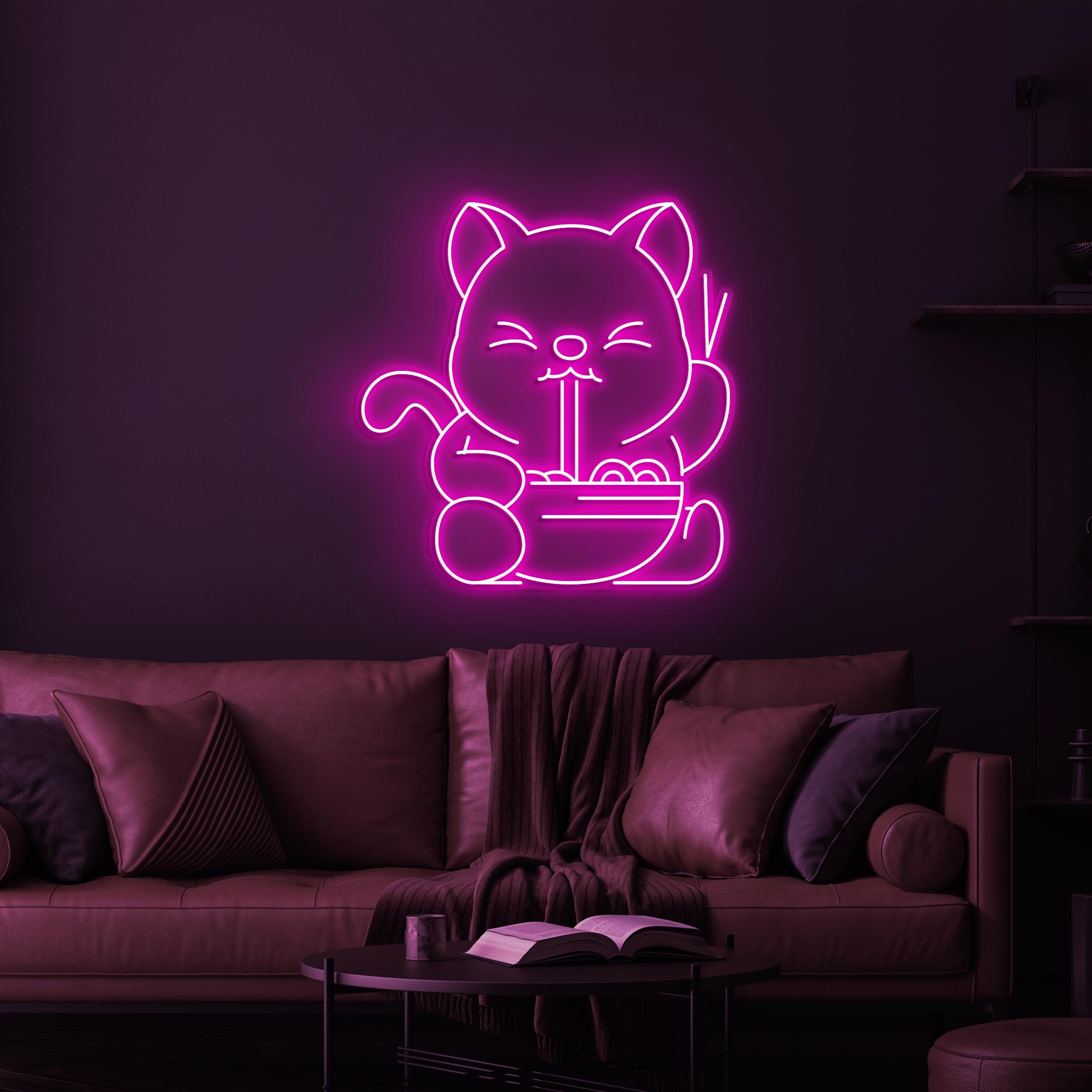 Cat Eating Ramen Neon Sign, Cat Eating Ramen LED Light, Cat Eating Ramen Wall Art, Cat Japanese Noodle LED Decor, Kitchen Anime Wall Decor